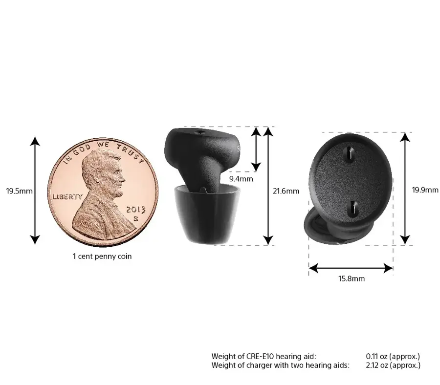 The image shows a penny next to a hearing aid, with a ruler indicating the size of the penny and the hearing aid. The penny is 19.5mm in size, and the hearing aid is 19.9mm in size. The weight of the CRE-E10 hearing aid is 2.12 oz, and the weight of the charger with two hearing aids is 0.11 oz.