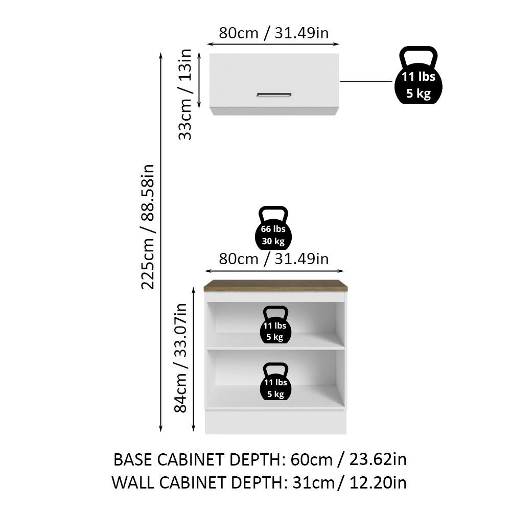 - Height: 88.58in / 225cm
- Width: 33in / 84cm
- Depth: 80cm / 31.49in
- Shelf Capacity: 66 lbs / 30 kg
- Shelf Capacity: 11 lbs / 5 kg
- Shelf Capacity: 11 lbs / 5 kg
- Shelf Capacity: 11 lbs / 5 kg
- Base Cabinet Depth: 60cm / 23.62in
- Wall Cabinet Depth: 31cm / 12.20in