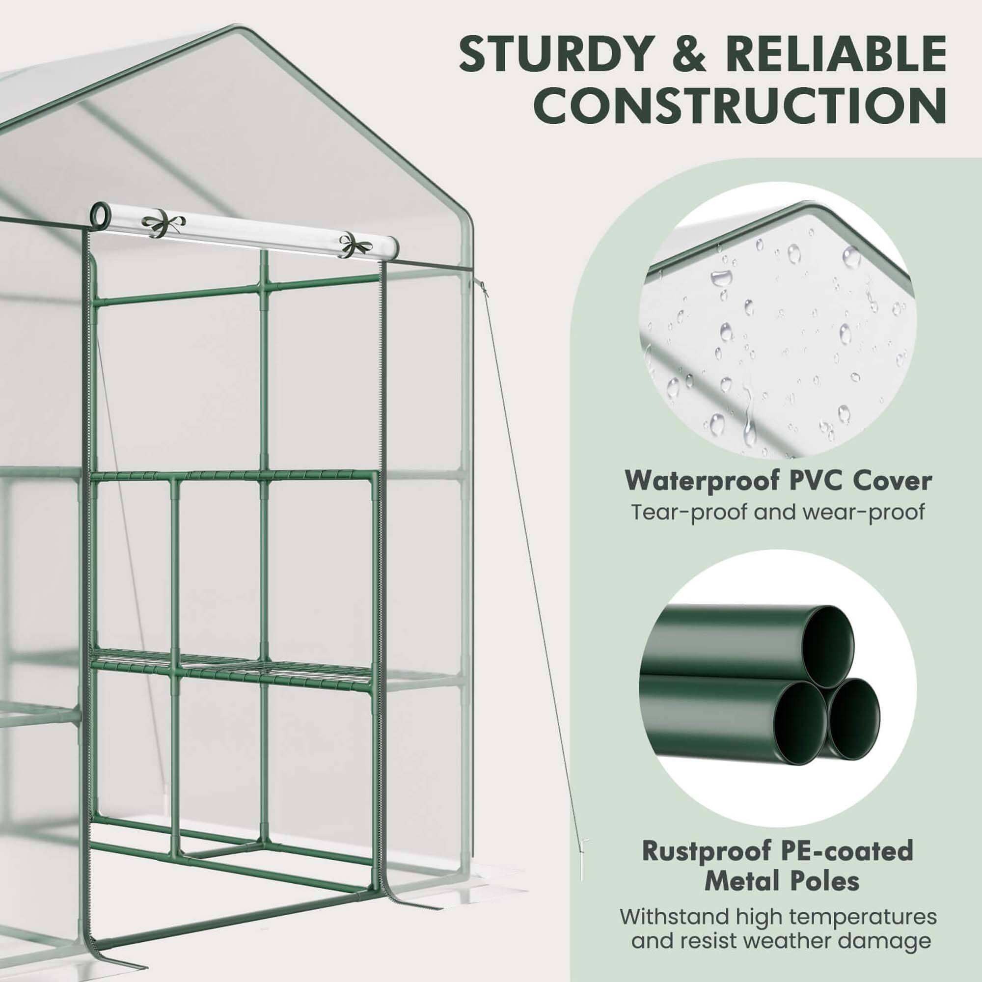 STURDY & RELIABLE CONSTRUCTION

Waterproof PVC Cover  
Tear-proof and wear-proof

Rustproof PE-coated Metal Poles  
Withstand high temperatures and resist weather damage