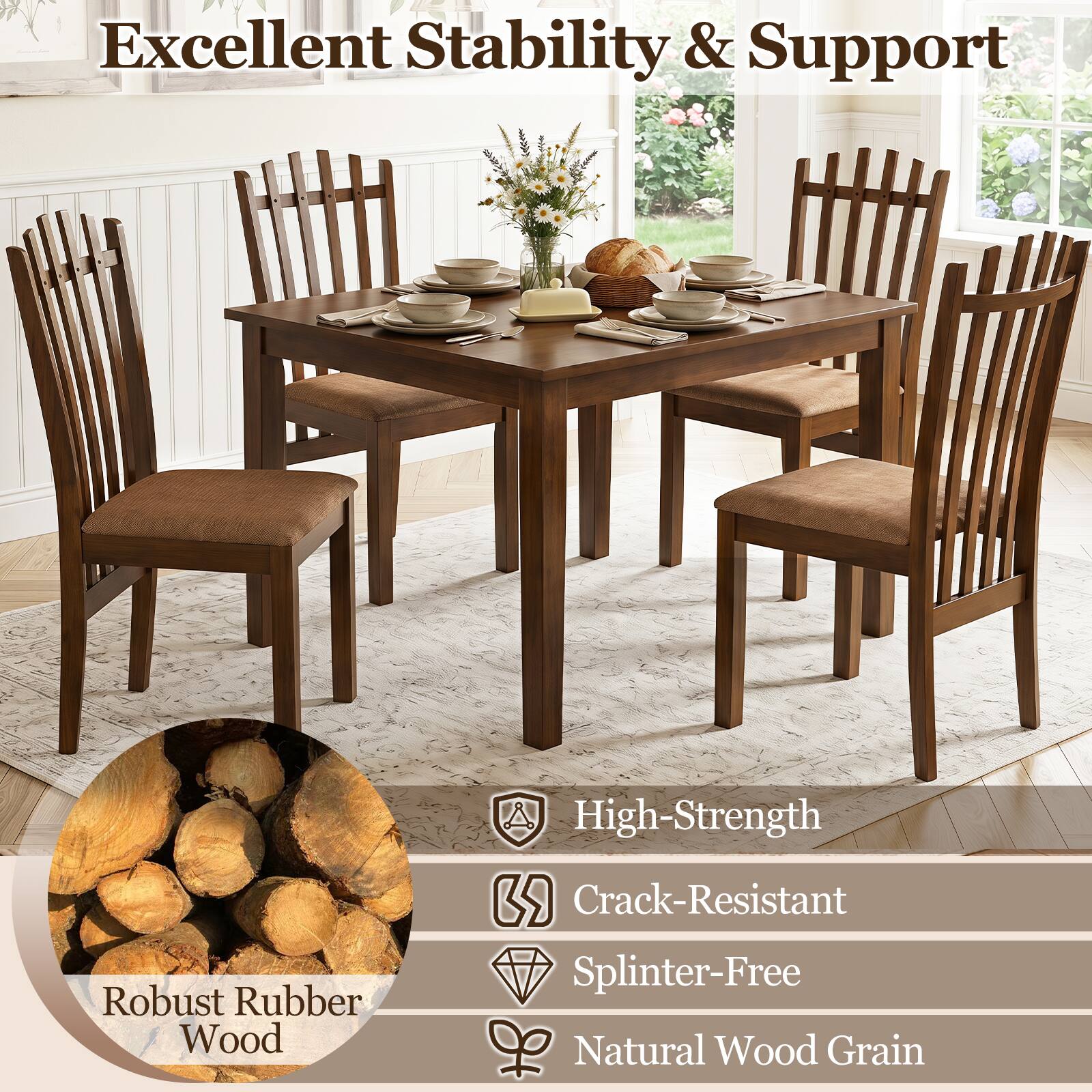 Excellent Stability & Support

Robust Rubber Wood

A High-Strength, Crack-Resistant, Splinter-Free Natural Wood Grain