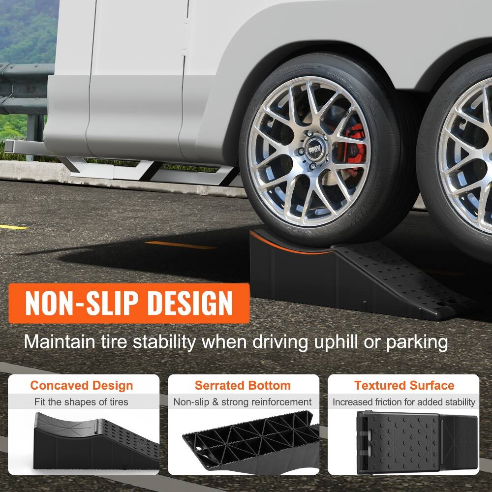 NON-SLIP DESIGN  
Maintain tire stability when driving uphill or parking

Concaved Design  
Fit the shapes of tires

Serrated Bottom  
Non-slip & strong reinforcement

Textured Surface  
Increased friction for added stability