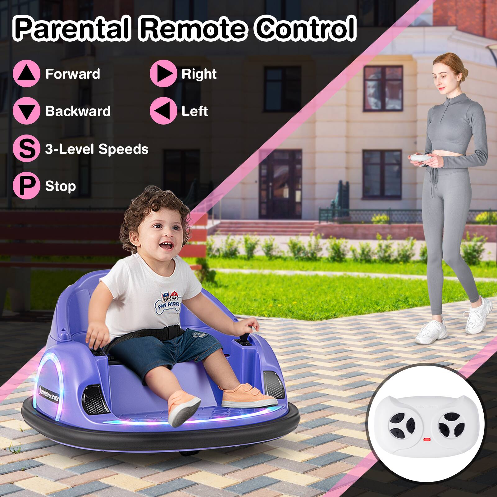 Parental Remote Control

- Forward
- Backward
- Right
- Left
- 3-Level Speeds
- Stop