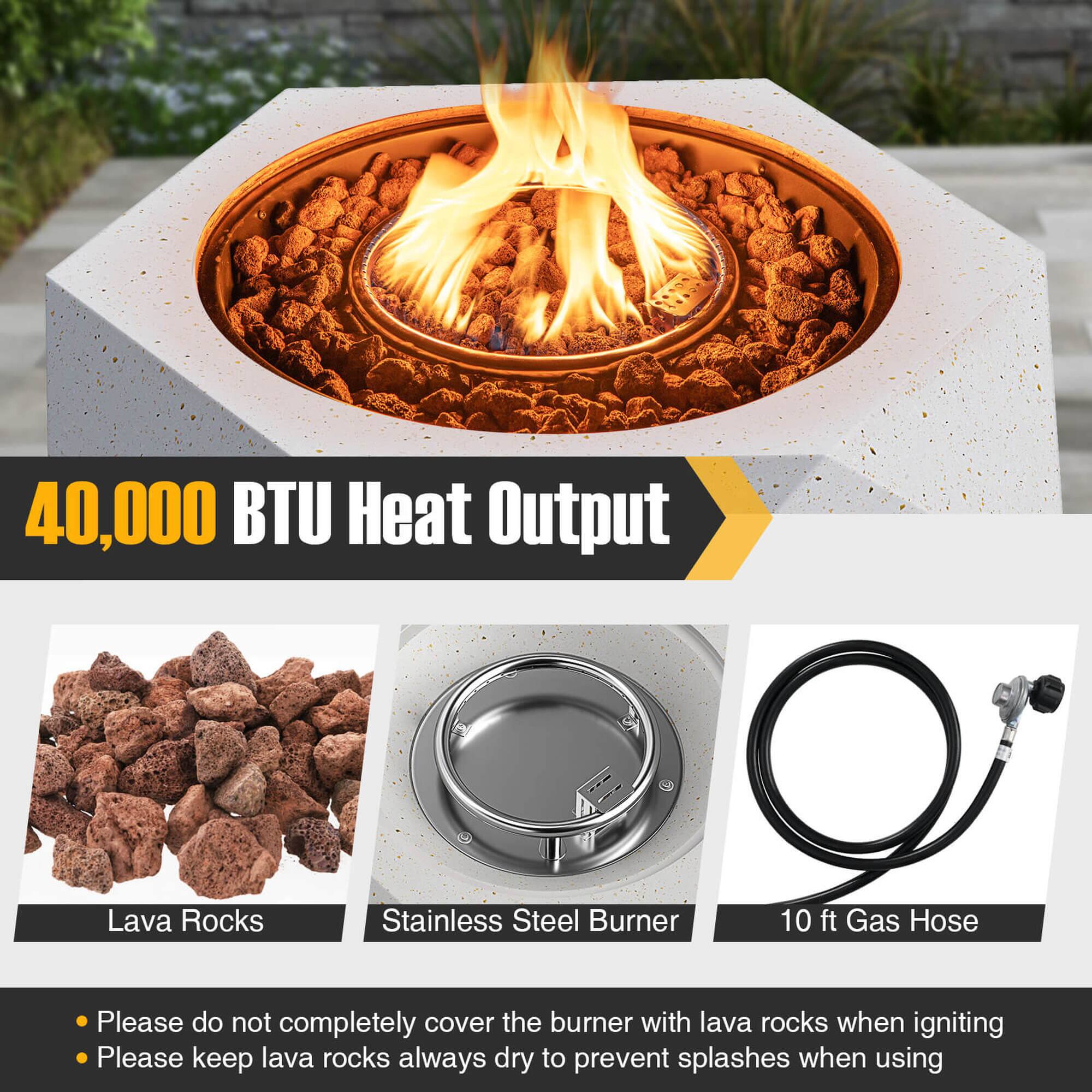 40,000 BTU Heat Output

- Lava Rocks
- Stainless Steel Burner
- 10 ft Gas Hose

Please do not completely cover the burner with lava rocks when igniting to prevent splashes when using.

Please keep lava rocks always dry to prevent splashes when using.