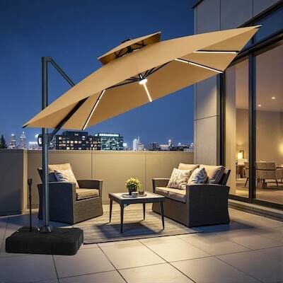 Alt View 8. Crestlive Products - Crestlive Products 13' Patio Offset Cantilever Umbrella 2-Tier Top With Solar-Lighted Strips 350lbs Rod Wheel Base - tan.