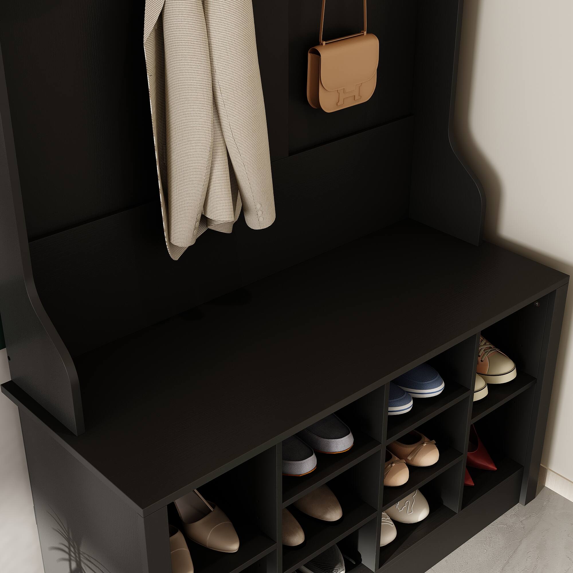 Alt View 4. FUFU & GAGA - Large Capacity Hall Tree with Coat Rack Shoe Storage Bench and Shelves for Spacious Entryway Organization - Black.