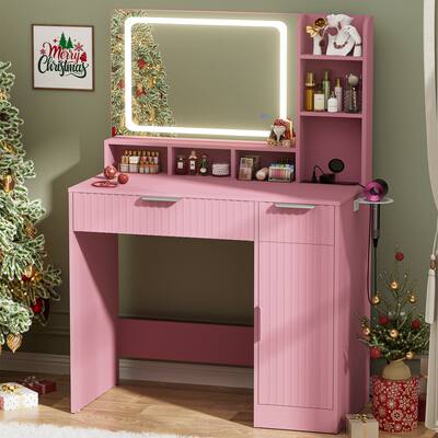 light pink dressing table FUFU&GAGA 5-Drawers Pink Makeup Vanity Dressing Table Set with Stool, Mirror and Storage Shelves Girls Dressing Table WFKF210095-02