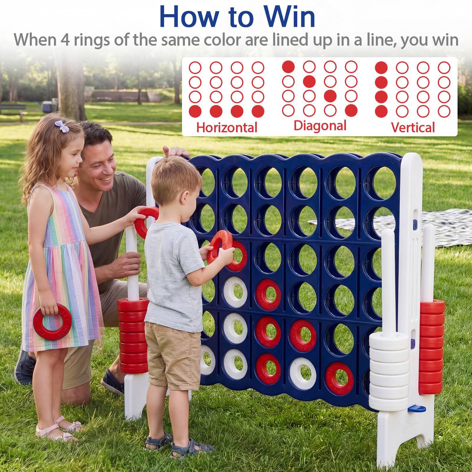 How to Win  
When 4 rings of the same color are lined up in a line, you win  

Horizontal  
Diagonal  
Vertical