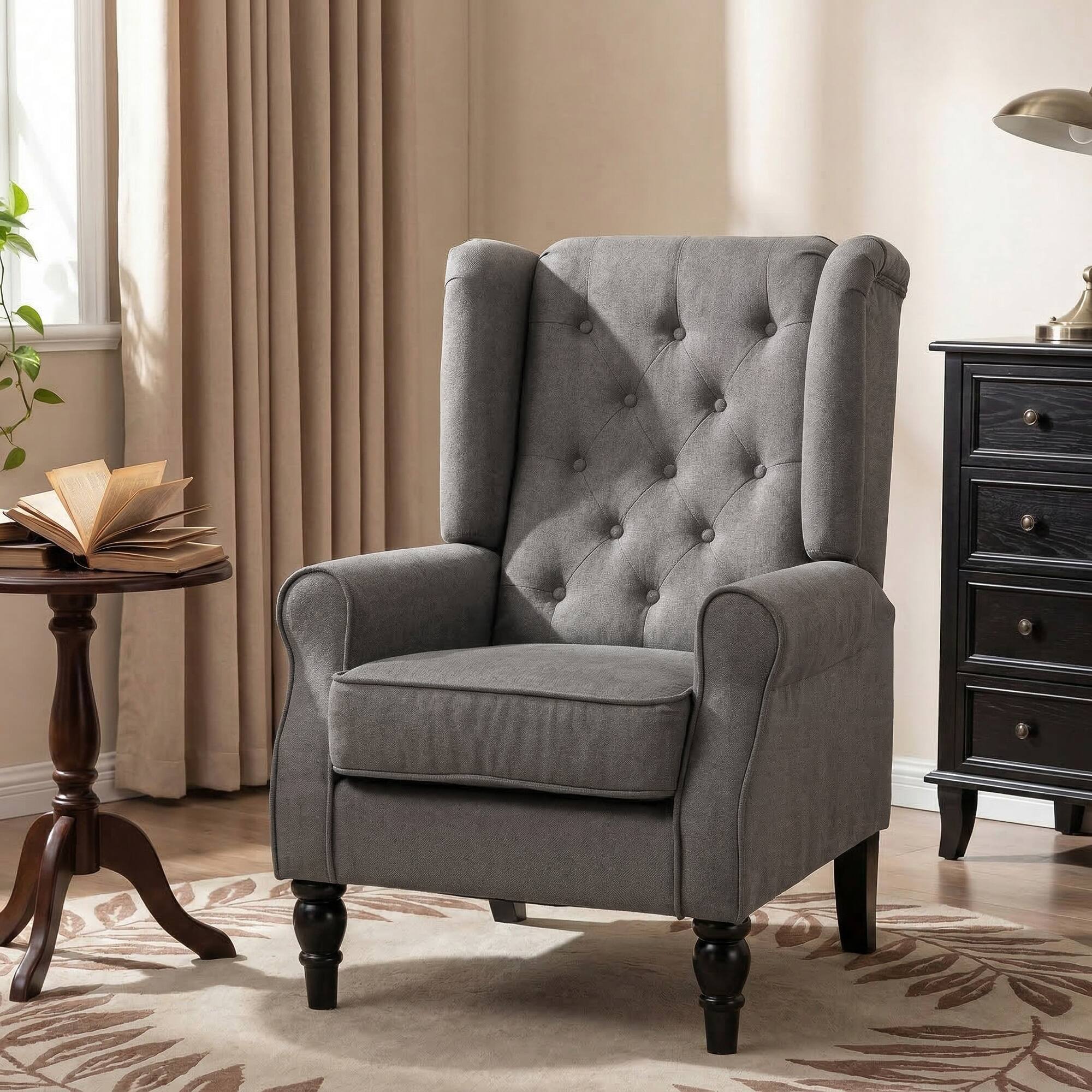 Alt View 1. Homcom - Accent Chair for Living Room, Button-Tufted Lounge Chair with Round Armrests and Wood Legs - Dark Gray.