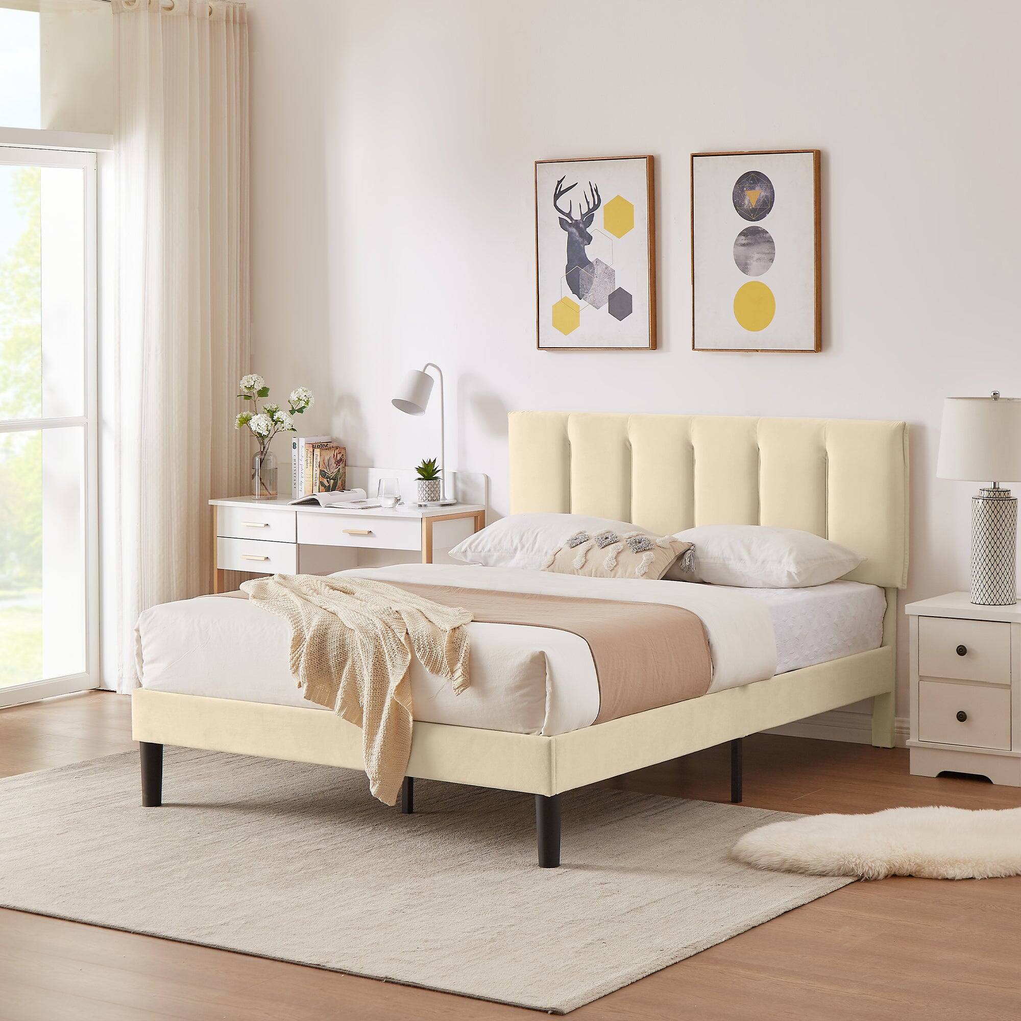 Alt View 2. Vecelo - Full Upholstered Bed with Adjustable Headboard & 7.9" Underbed Storage - Quiet Slat Metal Platform Bed,Fabric Frame - Beige.