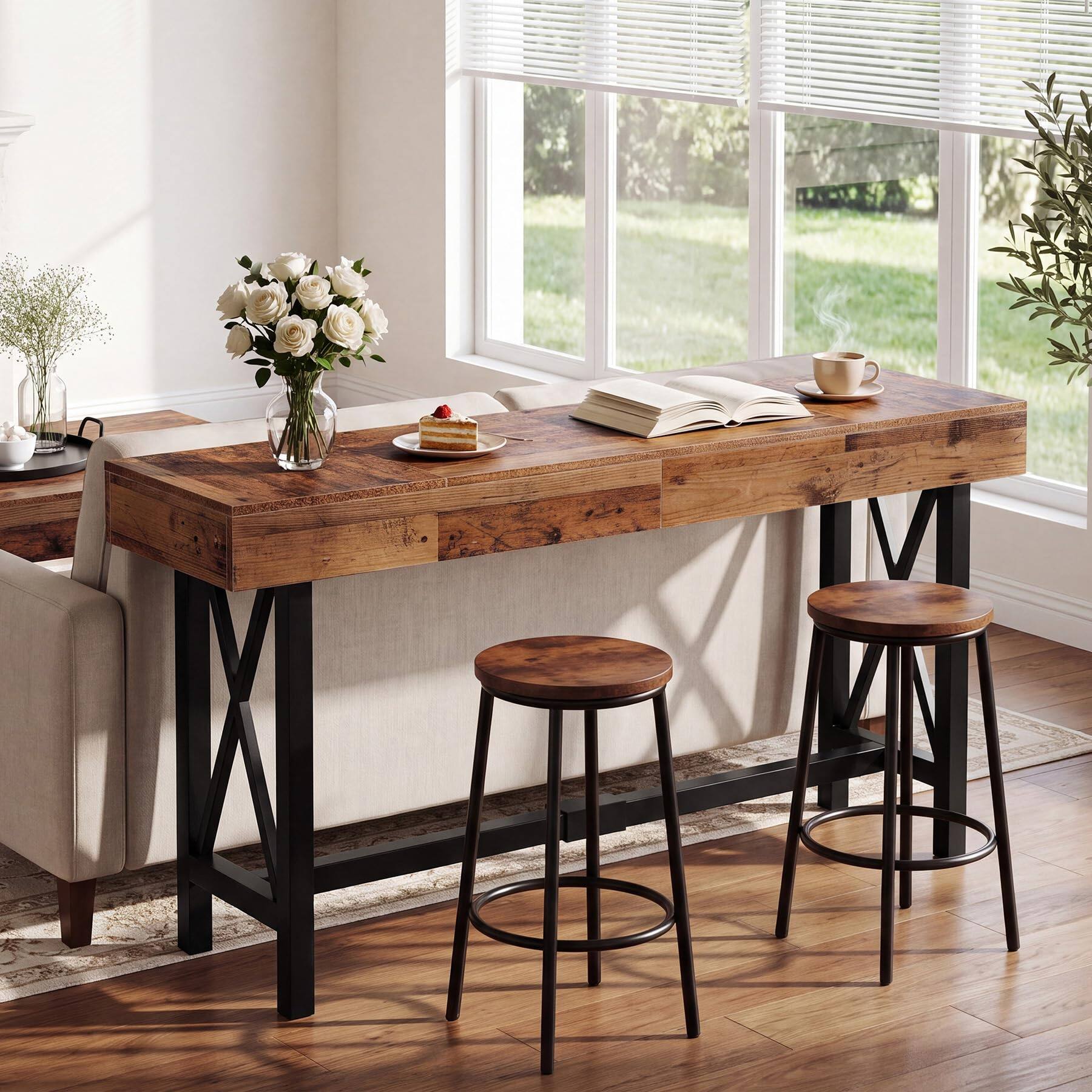 Back. Tribesigns - 70.9-Inch Extra Long Bar Table, Industrial Counter Height Table - Brown & Black.