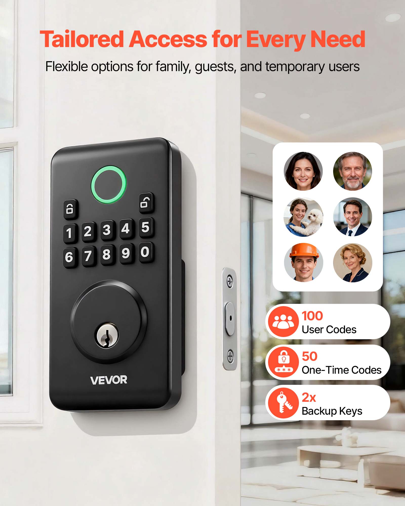 Tailored Access for Every Need  
Flexible options for family, guests, and temporary users  

100 User Codes  
50 One-Time Codes  
2x Backup Keys