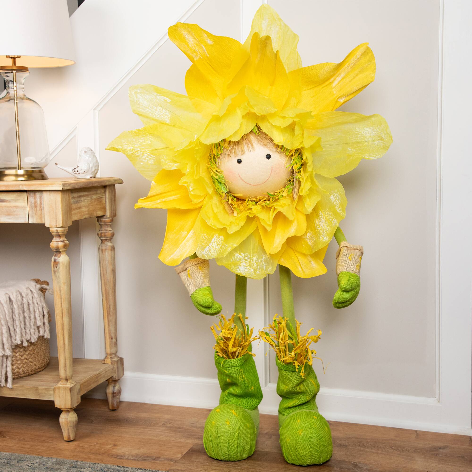 Front. Northlight - 47" Yellow and Green Spring Floral Standing Sunflower Girl Decorative Figure - Yellow.