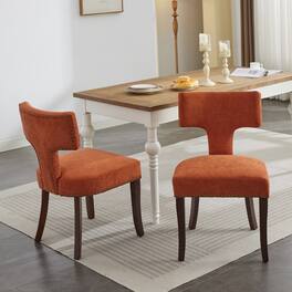 Loheer - Mid Century Modern Dining Chairs Set of 2 Linen Farmhouse Kitchen Accent Chairs with Copper Nails - Orange