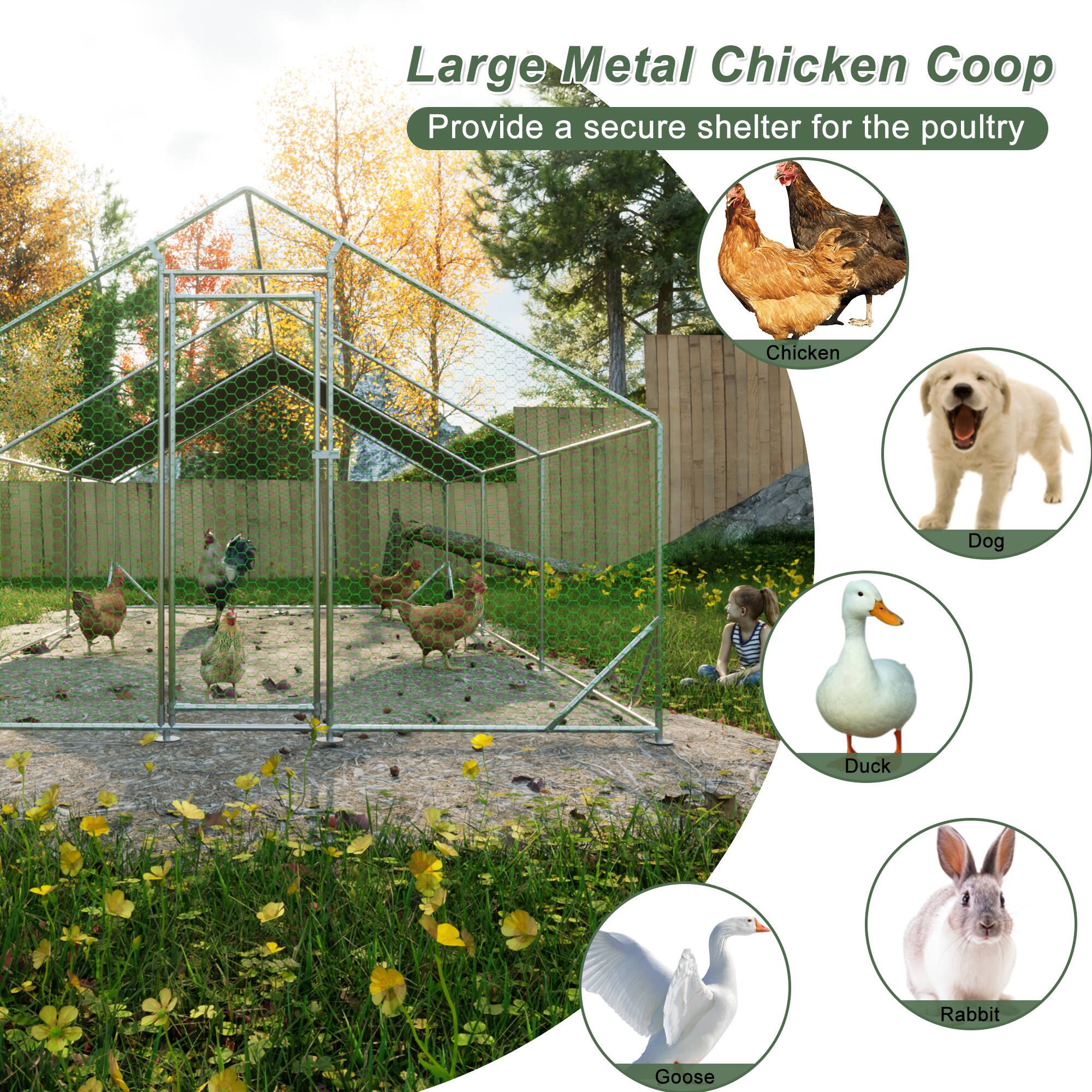Large Metal Chicken Coop  
Provide a secure shelter for the poultry:  
- Chicken  
- Dog  
- Duck  
- Rabbit  
- Goose