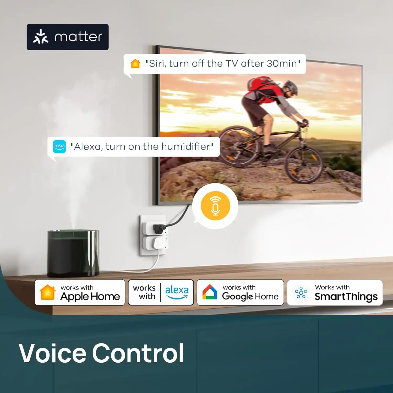 - "Siri, turn off the TV after 30min"
- "Alexa, turn on the humidifier"

Works with:
- Apple Home
- Alexa
- Google Home
- SmartThings

Voice Control