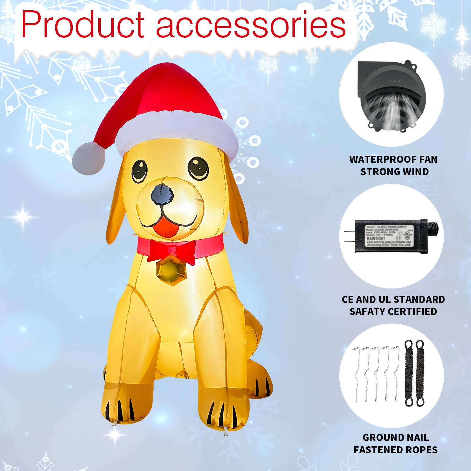 Product accessories

- WATERPROOF FAN STRONG WIND
- CE AND UL STANDARD SAFETY CERTIFIED
- GROUND NAIL FASTENED ROPES