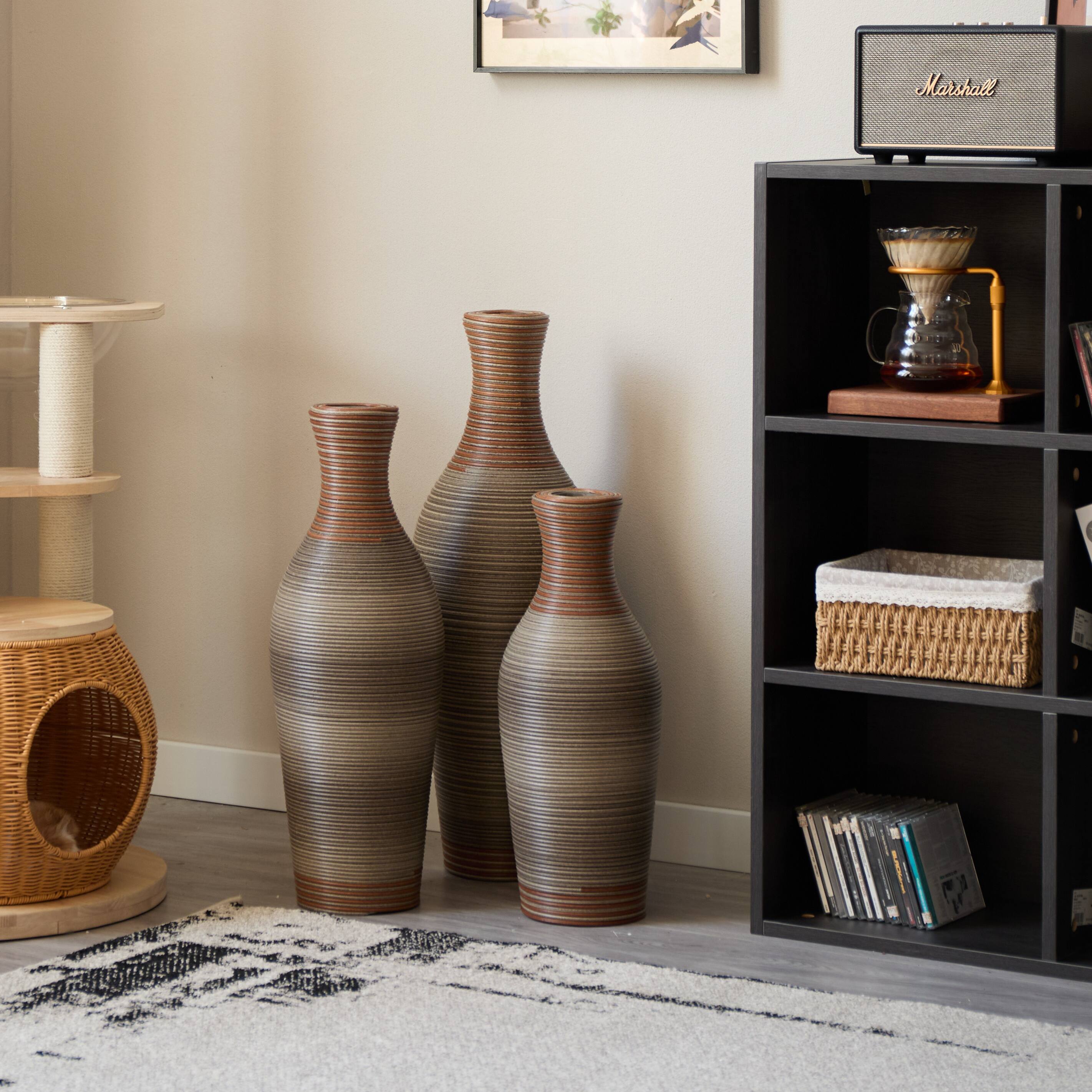 Alt View 3. Anysun - Hand-Woven PVC Rattan Vases Set of 3 - Brown Floor Vases, 28.35/24.41/20.47in for Farmhouse Decor - Brown Gray.