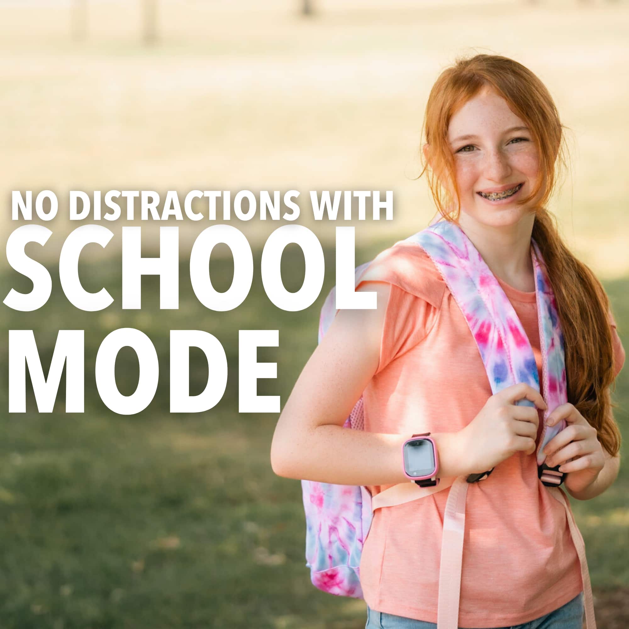 The image features a young girl wearing a pink backpack and smiling. She is standing in a grassy field, possibly at school. The text "No Distractions with School Mode" is displayed above the girl, emphasizing the importance of focusing on school-related tasks without any distractions.