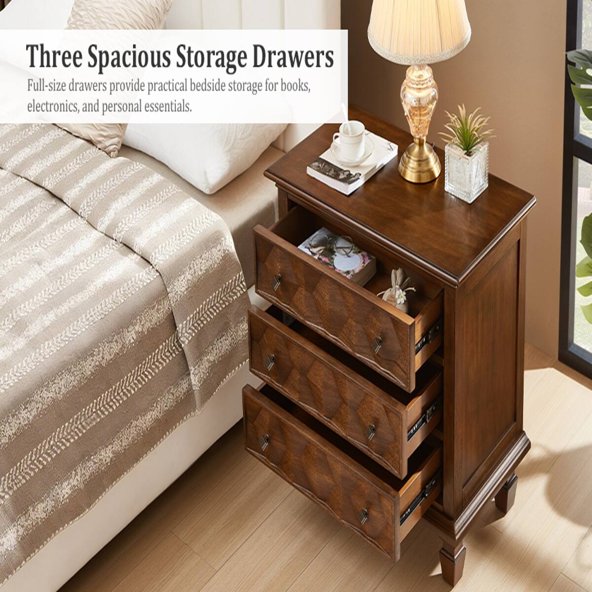 Three Spacious Storage Drawers  
Full-size drawers provide practical bedside storage for books, electronics, and personal essentials.
