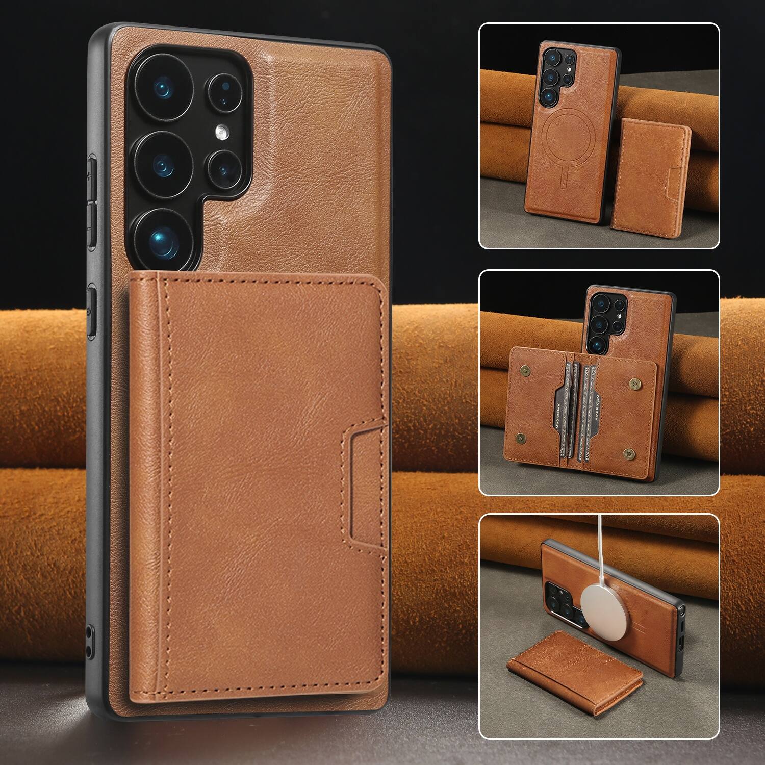 Back. Dteck - Detachable Magnetic PU Leather Cover For Samsung Galaxy S26 Ultra, Shockproof Card Holder Wallet Protection Case - Brown.
