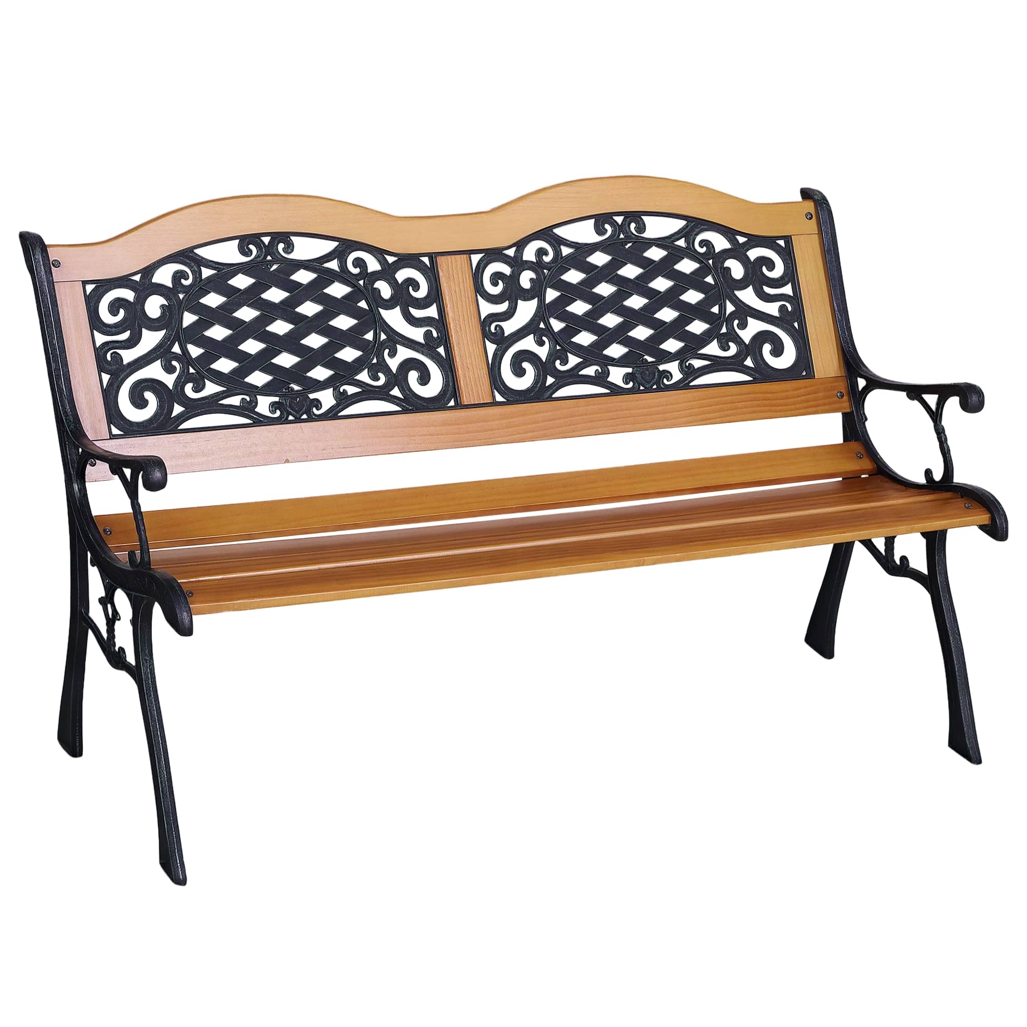 Outsunny - Outdoor Garden Bench, Park Patio Bench Loveseat, Wood & Metal Frame with Plastic Flourish Backrest - Teak