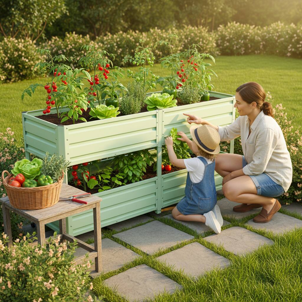 Left. Loheer - Loheer 2-Tier Elevated Raised Garden Bed Rolling Metal Planter Box with Lockable Wheels Green.