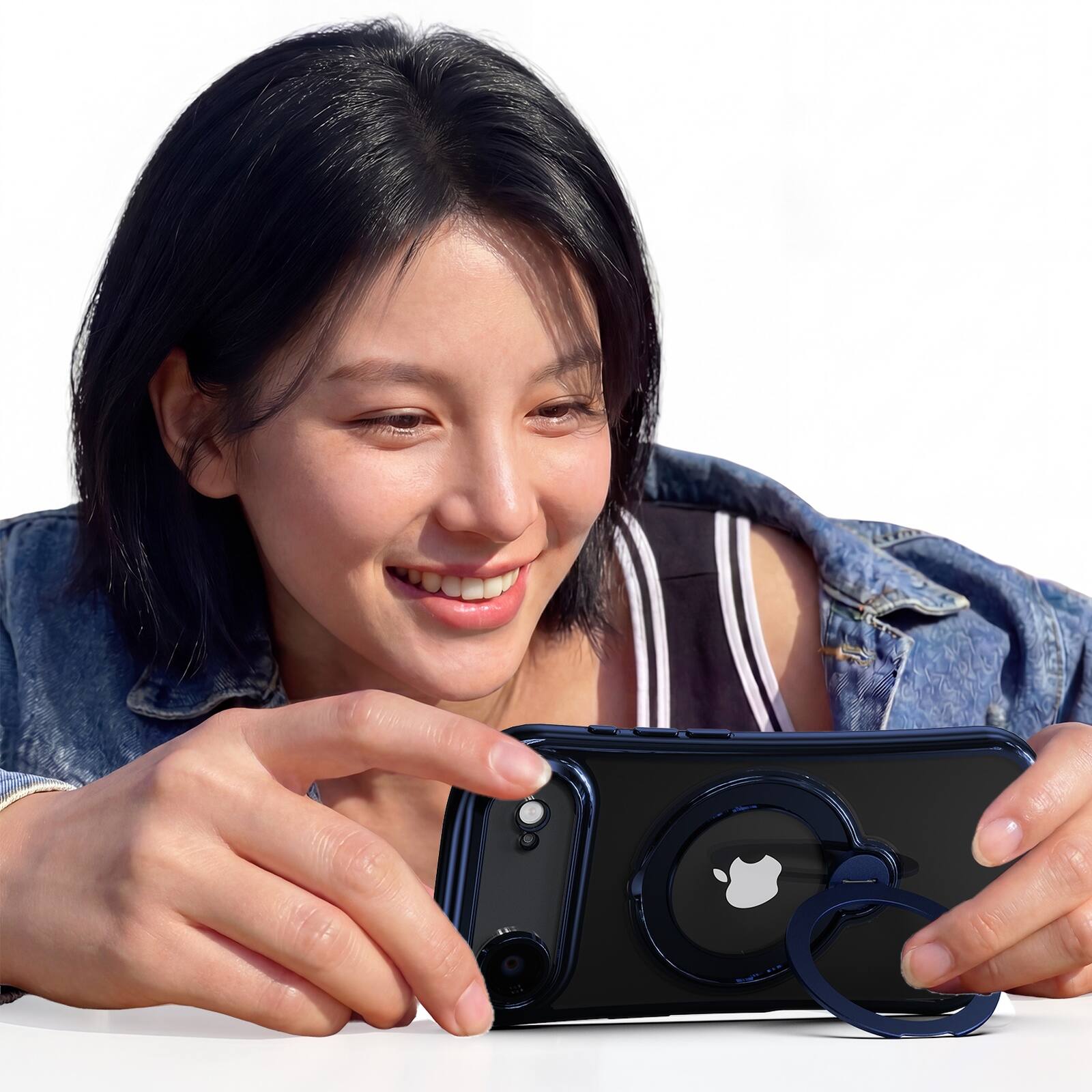 Left. Dteck - Magnetic Case for Apple iPhone Air with 360 Ring Stand and Strap, Shockproof TPU Phone Cover Built-in Lens Protector - Blue.