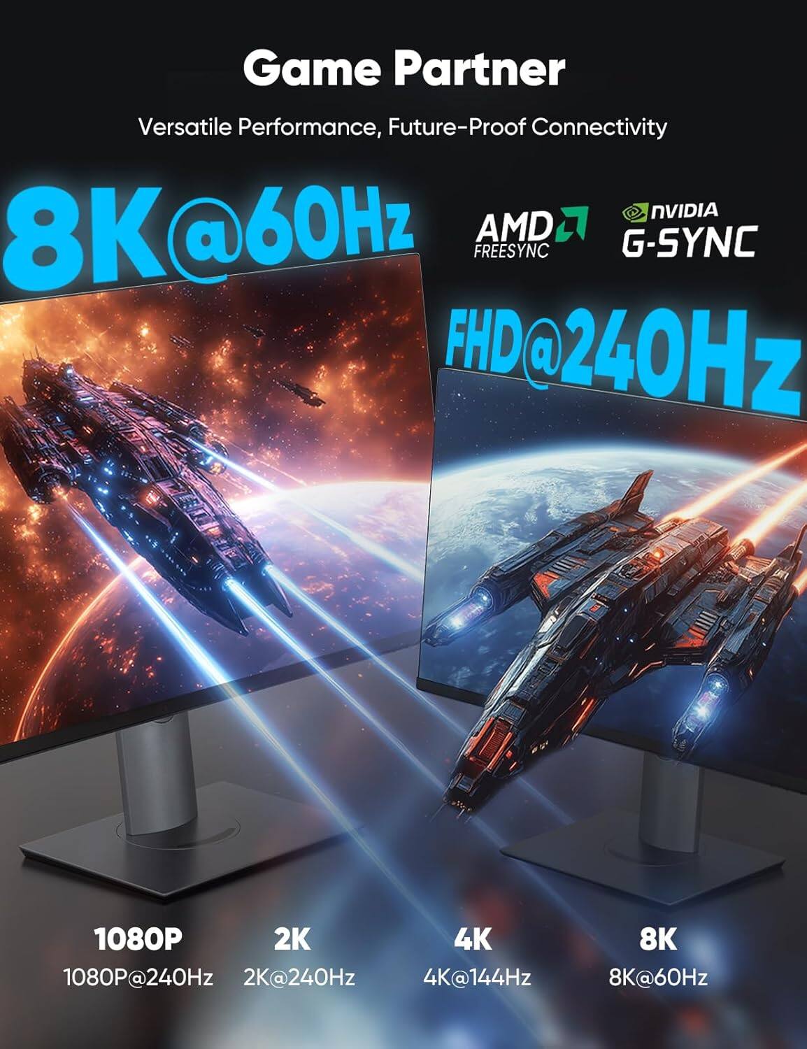 Game Partner  
Versatile Performance, Future-Proof Connectivity  

NVIDIA G-SYNC  
AMD FREESYNC  

8K@60Hz  
FHD@240Hz  

1080P@240Hz  
2K@240Hz  
4K@144Hz  
8K@60Hz