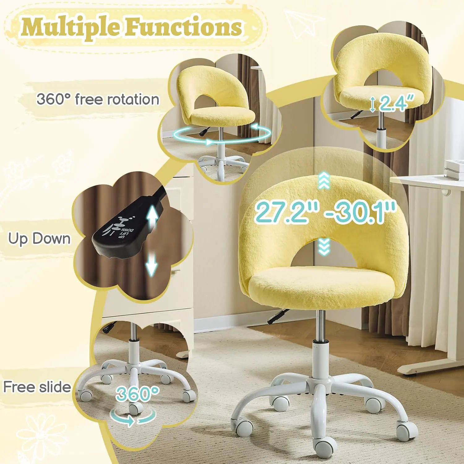 Multiple Functions  
360° free rotation  
Up Down  
2.4"  
27.2" - 30.1"  
Free slide  
360°