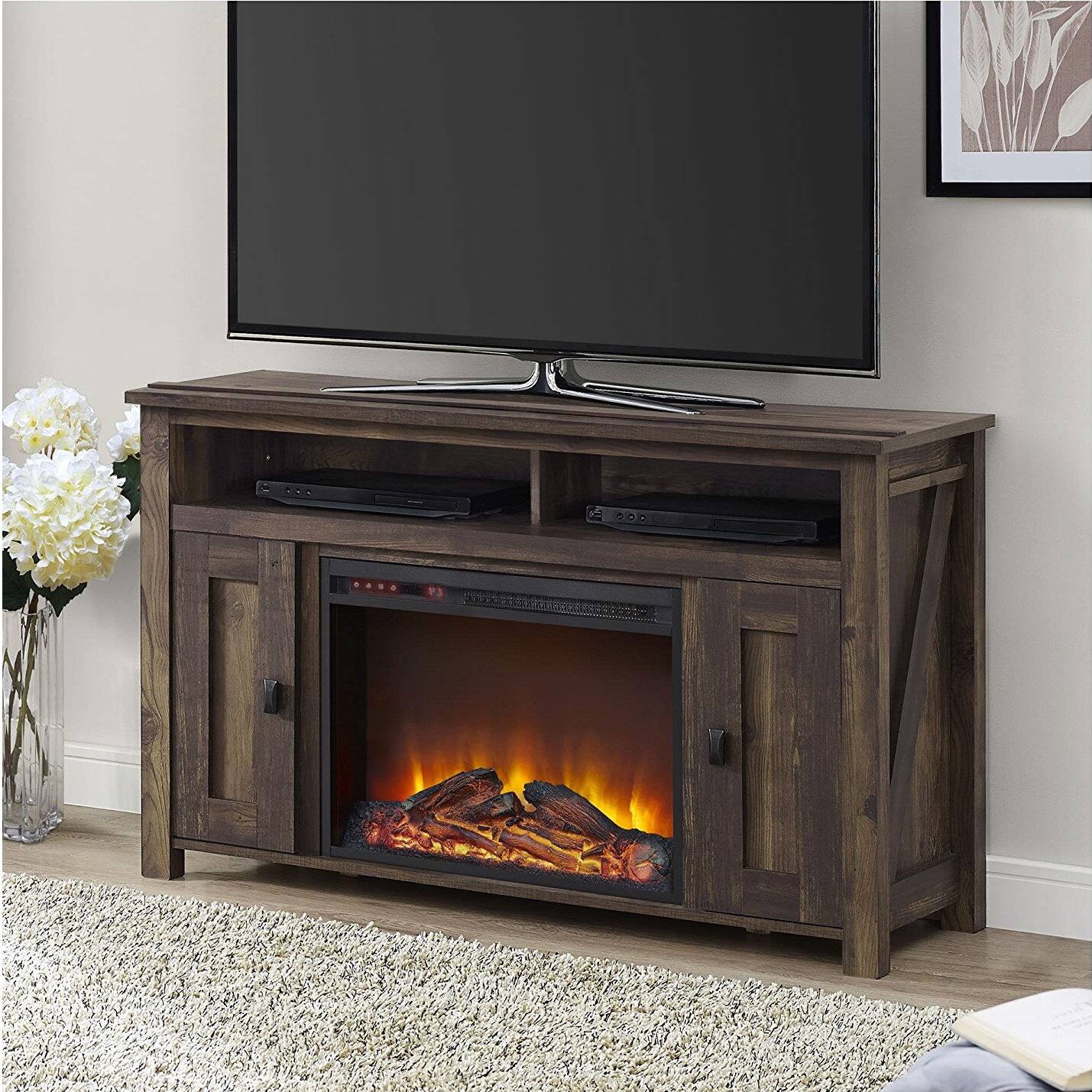 Angle. Hivvago - 50-inch TV Stand in Medium Brown Wood with 1,500 Watt Electric Fireplace - Brown.