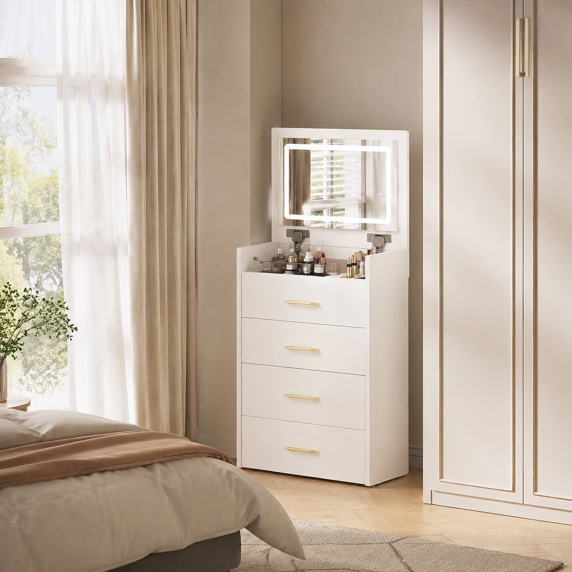 Angle. RYHNUYNE - 3 in 1 Vanity Desk, Compact Makeup Table, Flip Up Mirror, Glass Top, 3 Drawers, Cushion Stool, Bedroom - White.