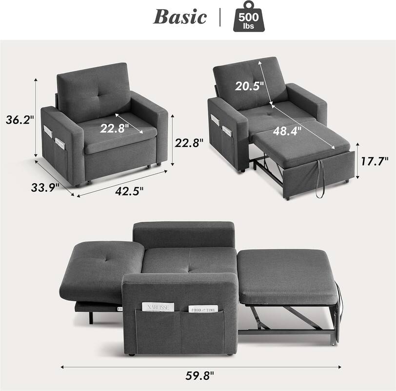 Basic  
500 lbs  

Dimensions:  
- Armchair: 36.2" H x 22.8" W x 22.8" D  
- Sofa: 59.8" L x 33.9" D x 42.5" H  
- Recliner: 48.4" L x 20.5" W x 17.7" H  

Narcisse F000 - Time