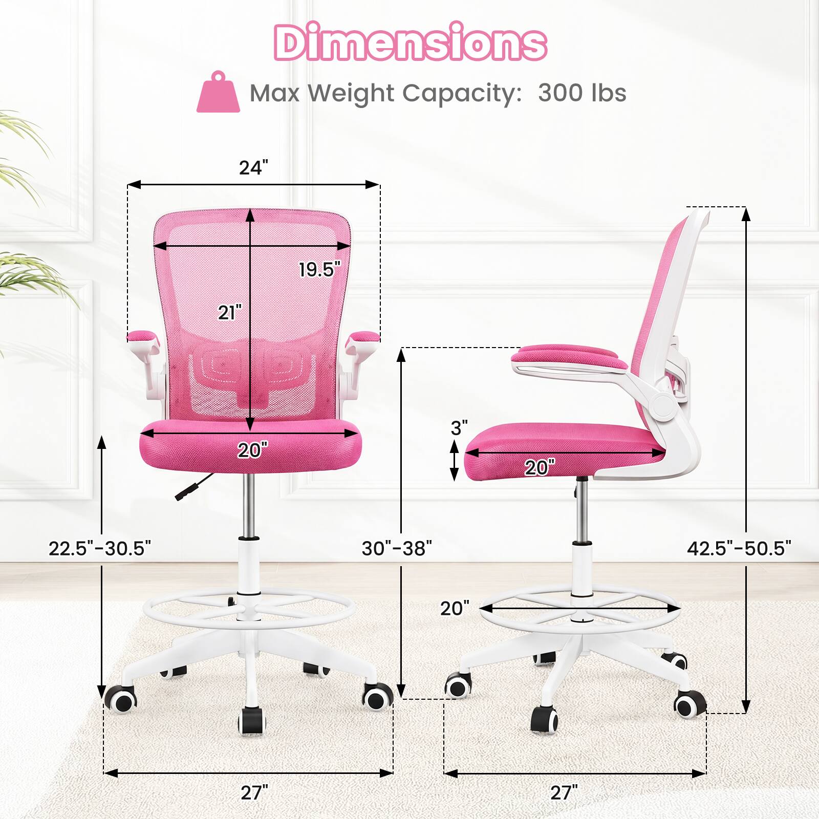 Dimensions  
Max Weight Capacity: 300 lbs  

- Width: 24"  
- Depth: 19.5"  
- Height: 21"  
- Seat Height: 20"  
- Seat Depth: 20"  
- Seat Width: 20"  
- Back Height: 22.5"-30.5"  
- Overall Height: 30"-38"  
- Base Width: 27"  
- Base Depth: 27"  
- Armrest Height: 3"  
- Overall Height with Arms: 42.5"-50.5"