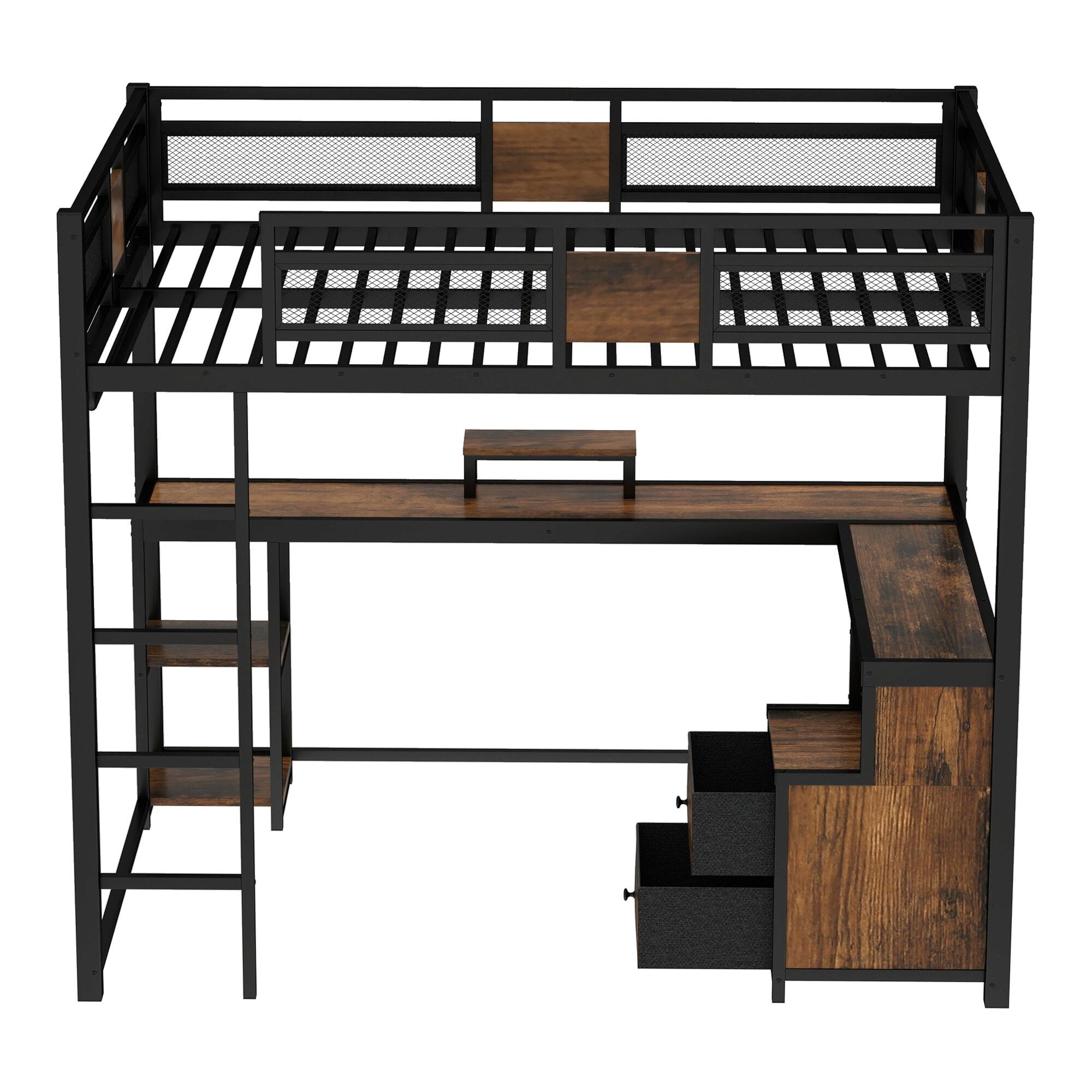 Alt View 1. Anysun - Queen Loft Bed w/ Desk, Fabric Drawers, Metal Frame, Ladders, Noise-Free, No Box Spring Needed - Black.