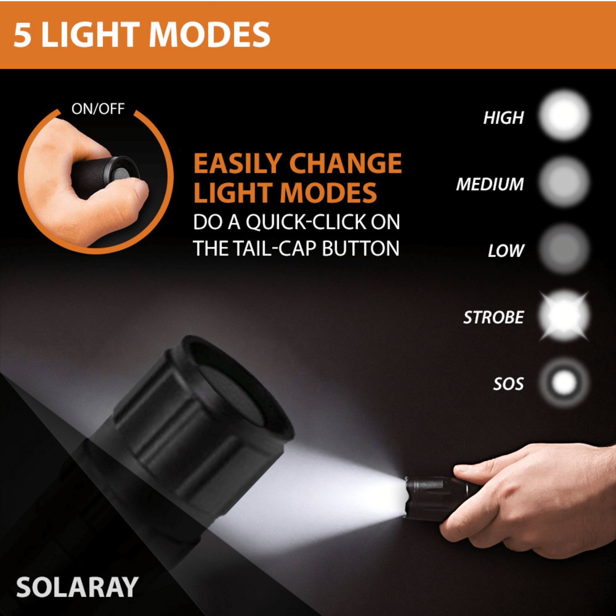 5 LIGHT MODES

EASILY CHANGE LIGHT MODES
DO A QUICK-CLICK ON THE TAIL-CAP BUTTON

HIGH
MEDIUM
LOW
STROBE
SOS

SOLARAY