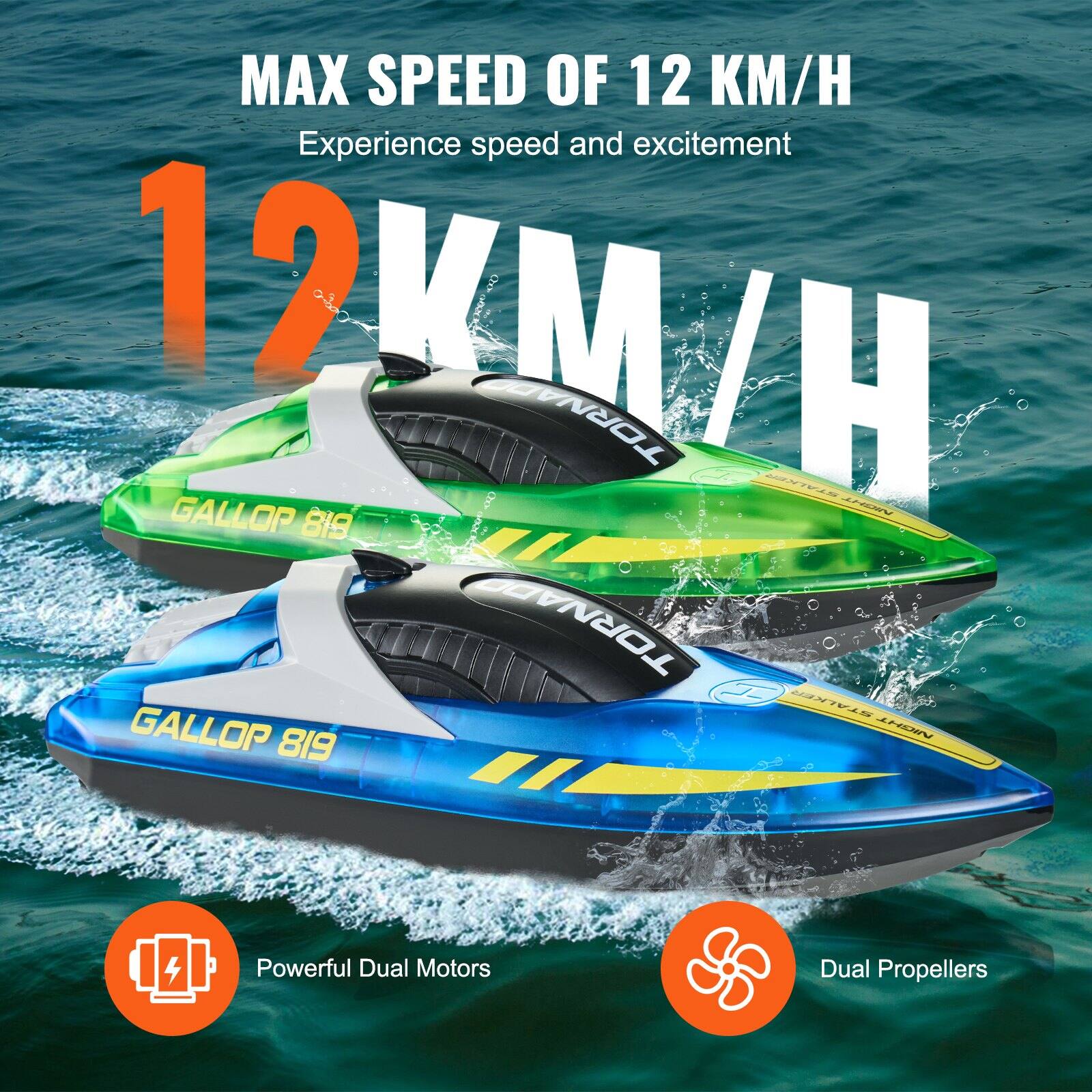 MAX SPEED OF 12 KM/H  
Experience speed and excitement  

12 KM/H  

GALLOP 819  

Powerful Dual Motors  
Dual Propellers