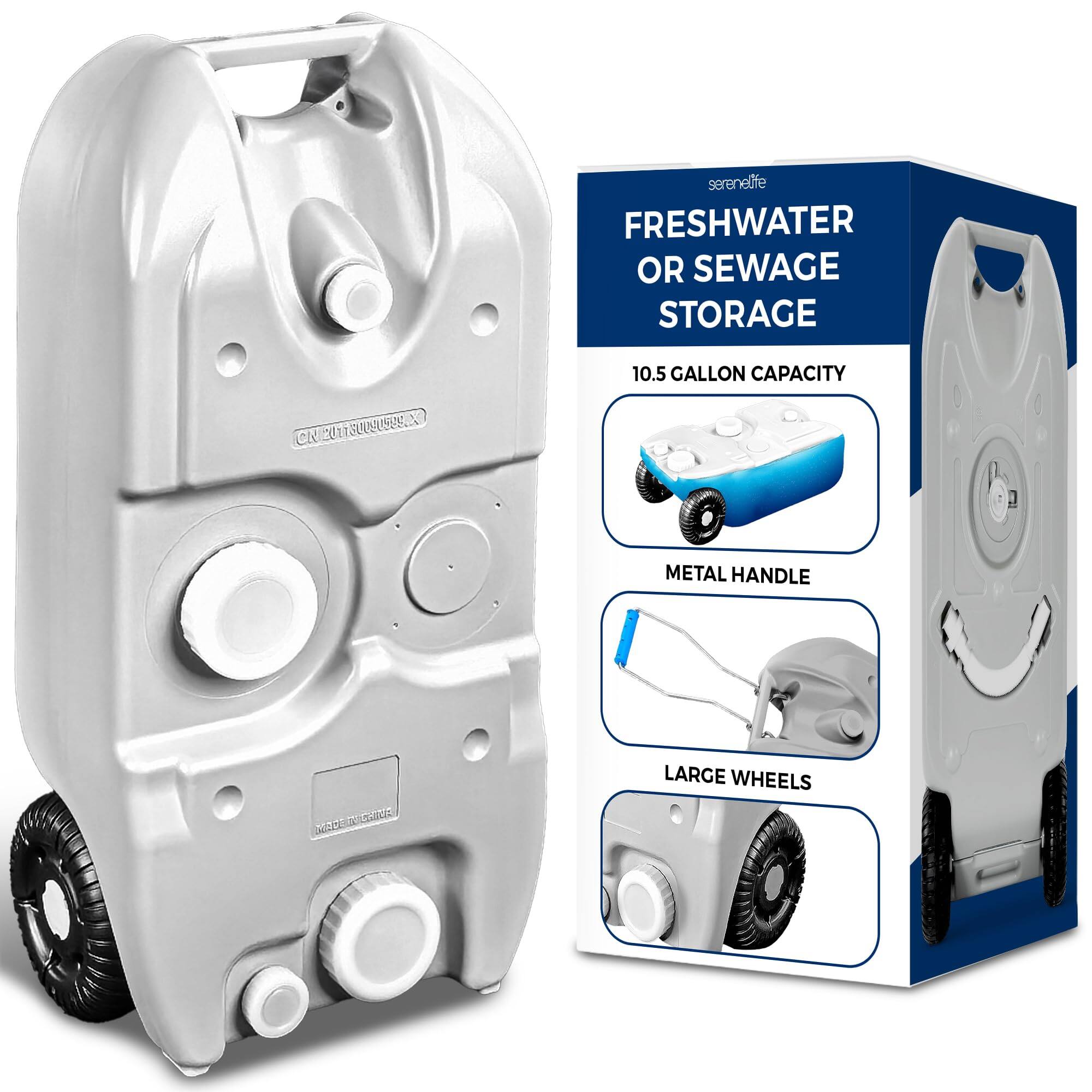 serenelife FRESHWATER OR SEWAGE STORAGE  
10.5 GALLON CAPACITY  
CN 2011 9005US9SN  
1 METAL HANDLE  
LARGE WHEELS