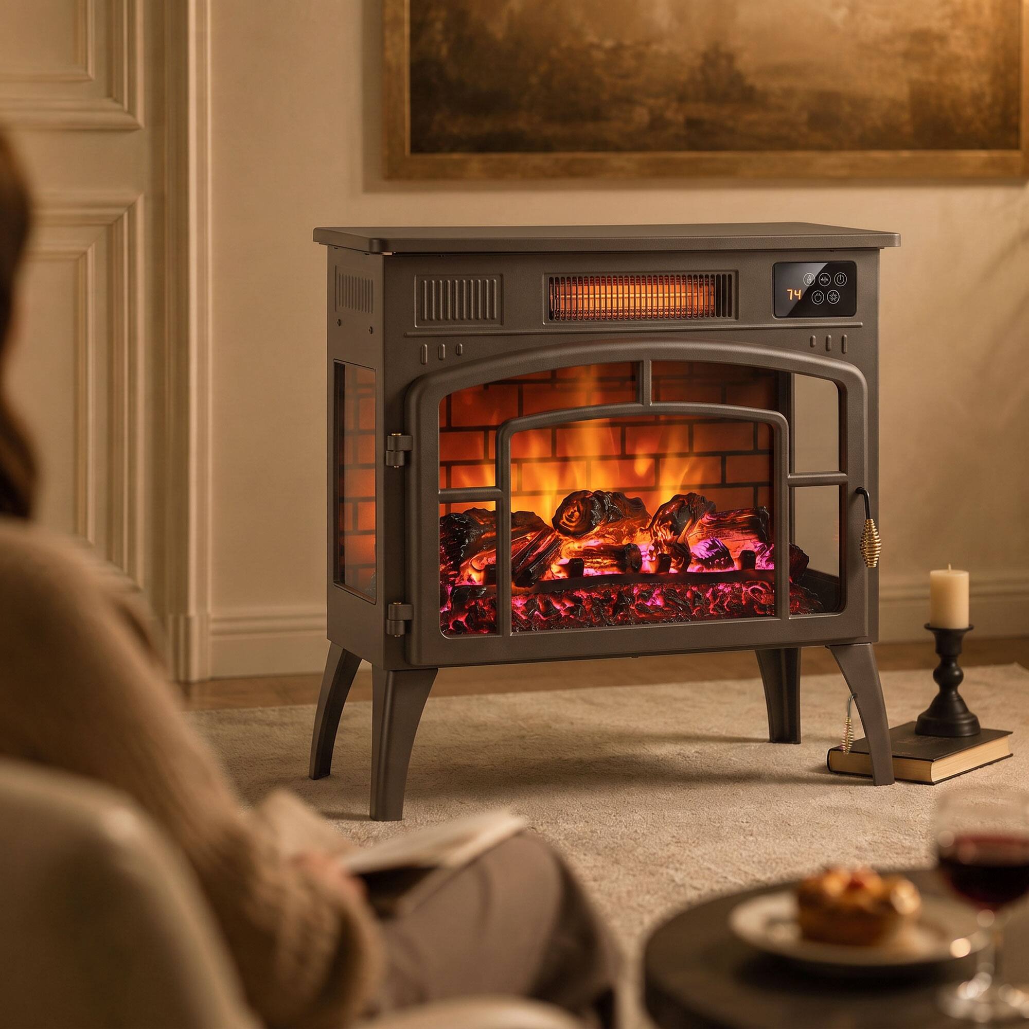 Alt View 8. Homcom - 3-Sided Glass WiFi Electric Fire Heater - Brown.