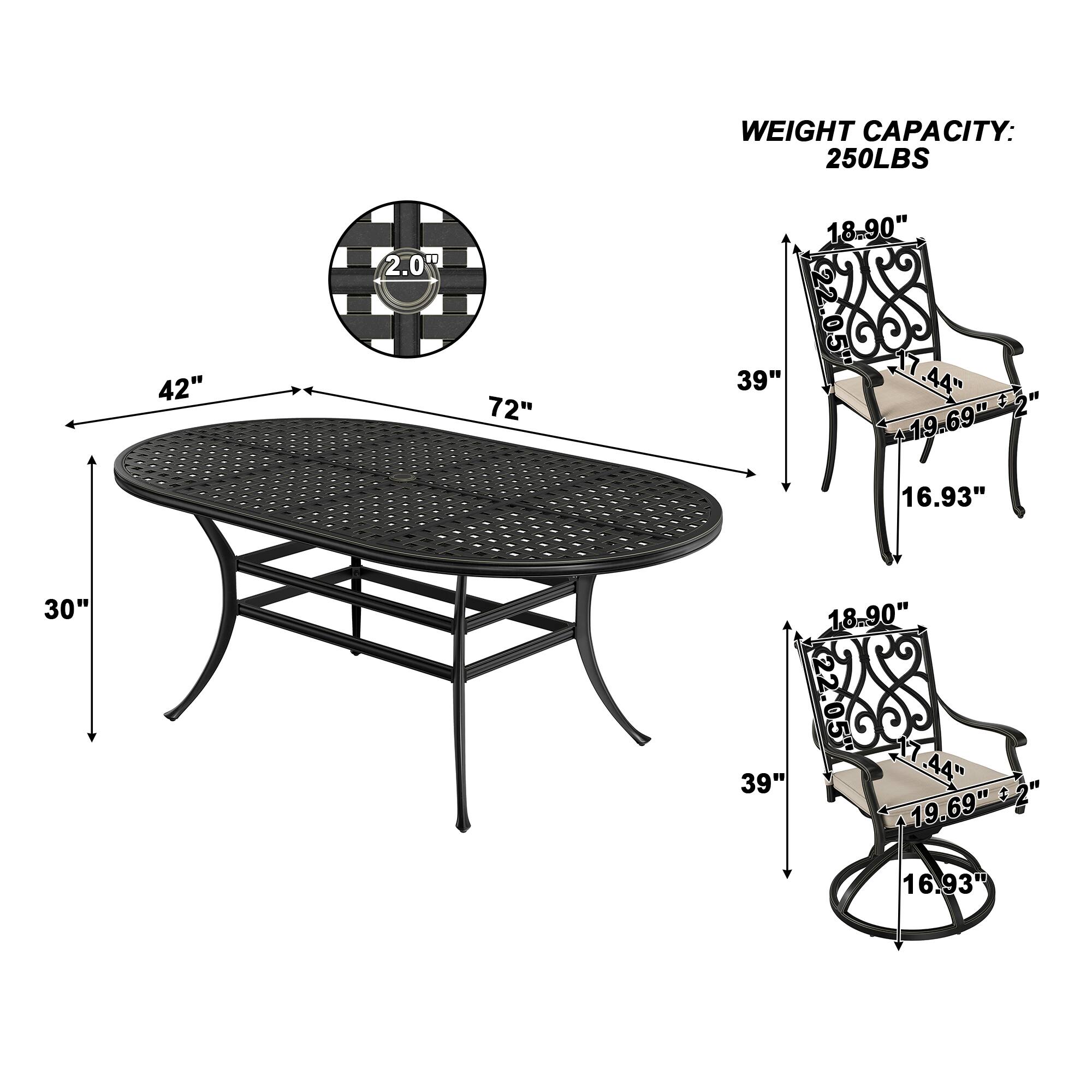 Sure, here is the corrected and grouped text from the image:

**Weight Capacity:** 250LBS

**Dimensions:**
- Table: 72" x 42" x 30"
- Chair: 18.90" x 19.69" x 16.93"

**Additional Details:**
- 2.0" (thickness of the table)
- 39" (height of the chair)
- 17.44" (depth of the chair)
- 19.69" (width of the chair)
- 16.93" (seat height of the chair)