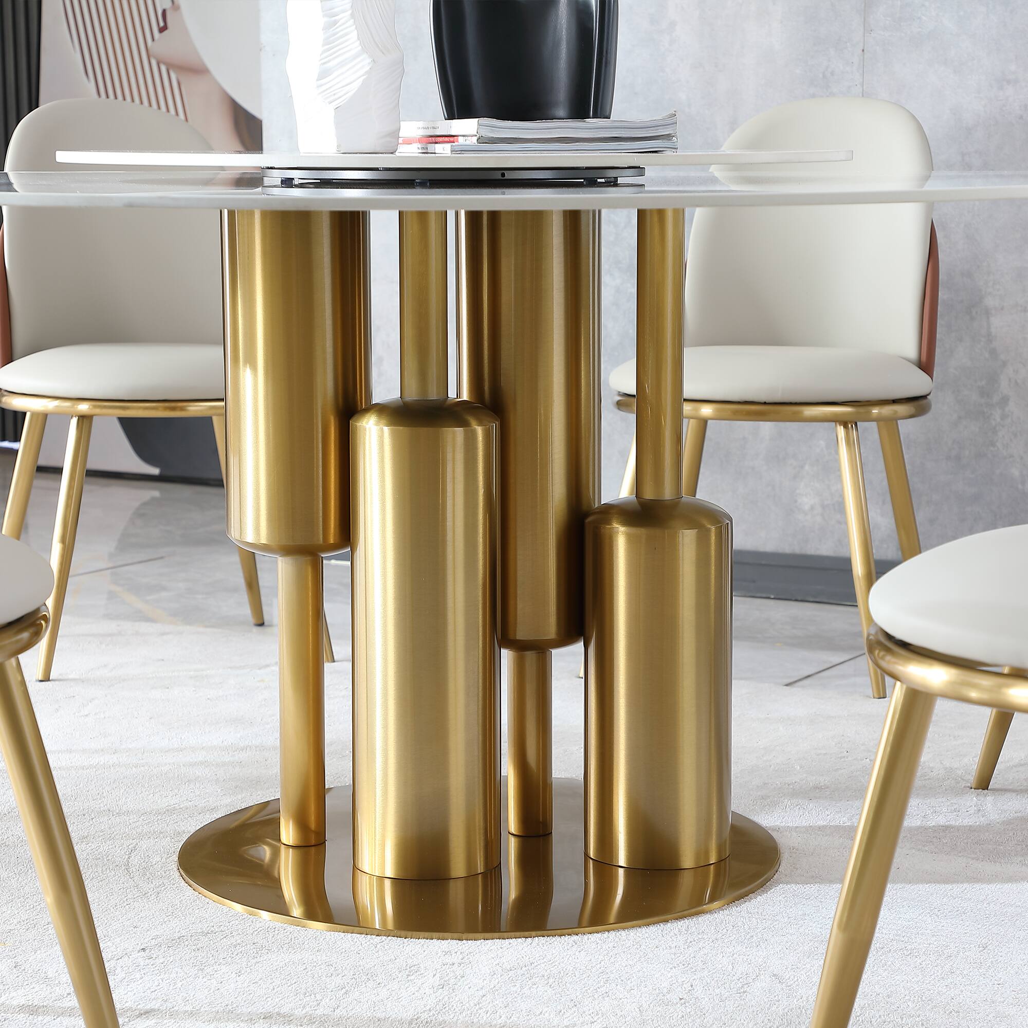 Angle. Loheer - Loheer 59-Inch Round Sintered Stone Dining Table with 360-Degree Lazy Susan, White and Gold - White and Gold.