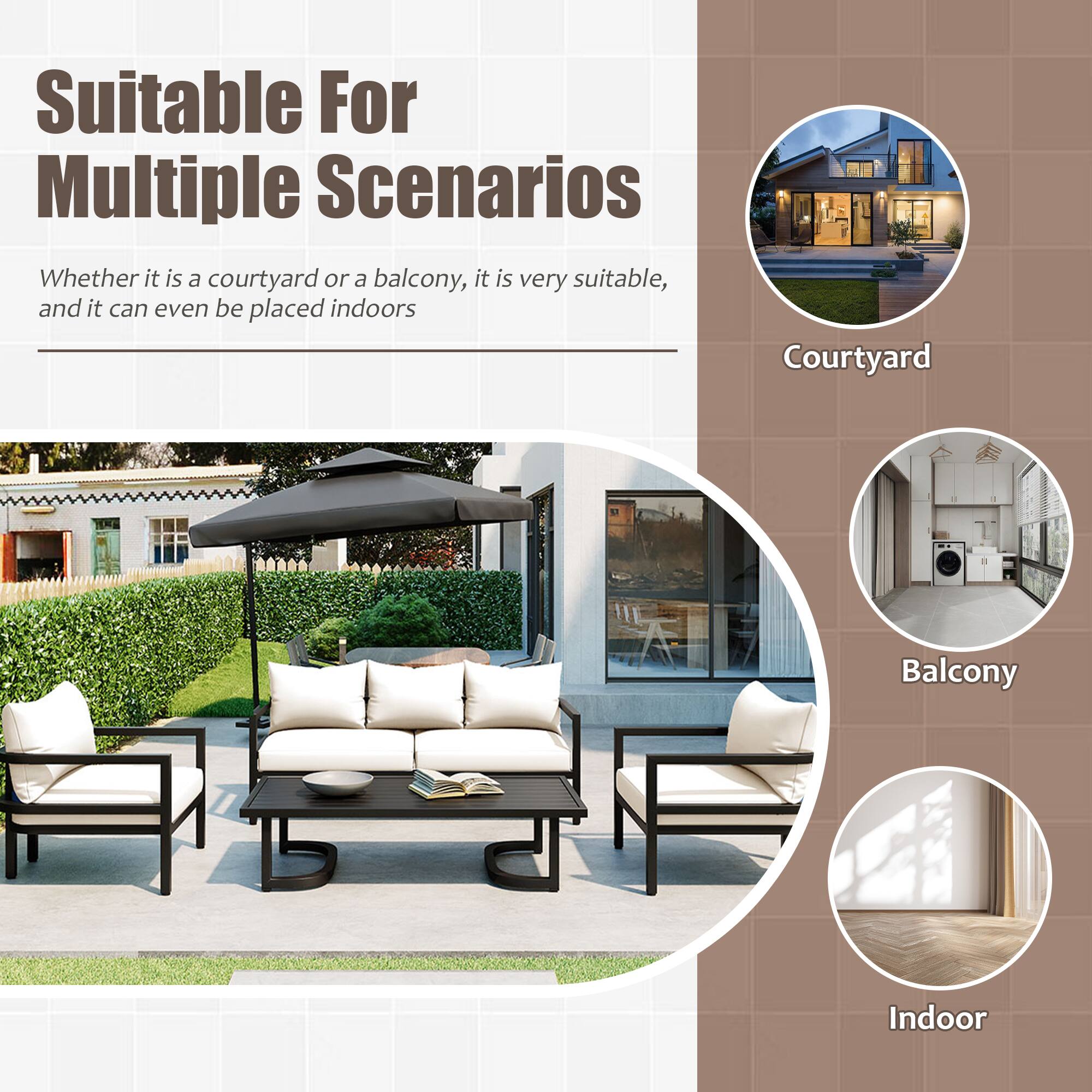 Suitable For Multiple Scenarios  
Whether it is a courtyard or a balcony, it is very suitable, and it can even be placed indoors  

Courtyard  
Balcony  
Indoor