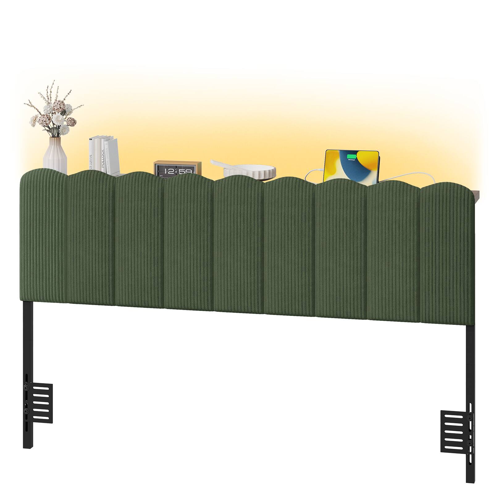 Alt View 5. Pinmoco - Metal Upholstered Headboard Height Adjustable Headboard with LED Light, Charging Station - Green.