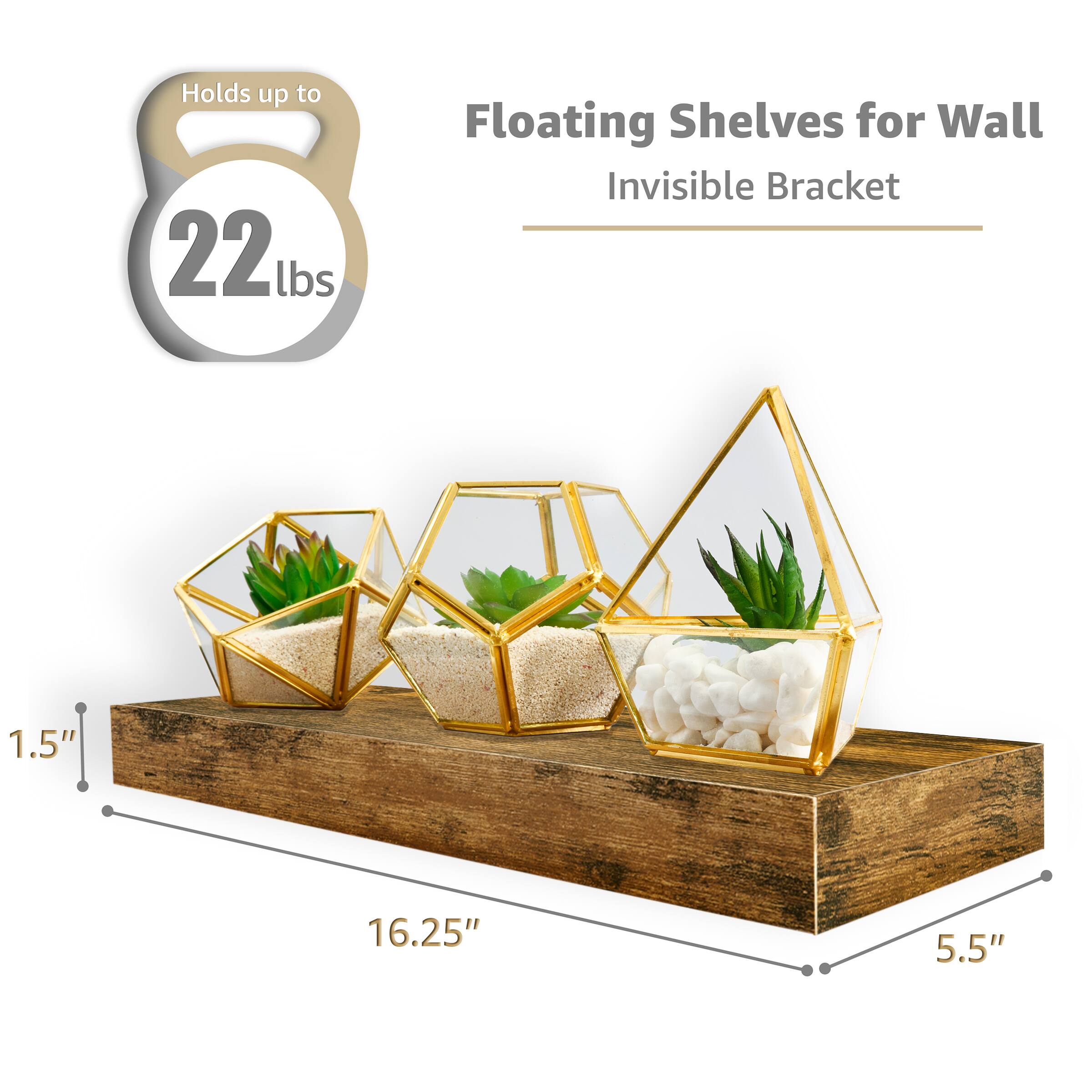 Holds up to 22 lbs, Floating Shelves for Wall, Invisible Bracket, 1.5", 16.25", 5.5"