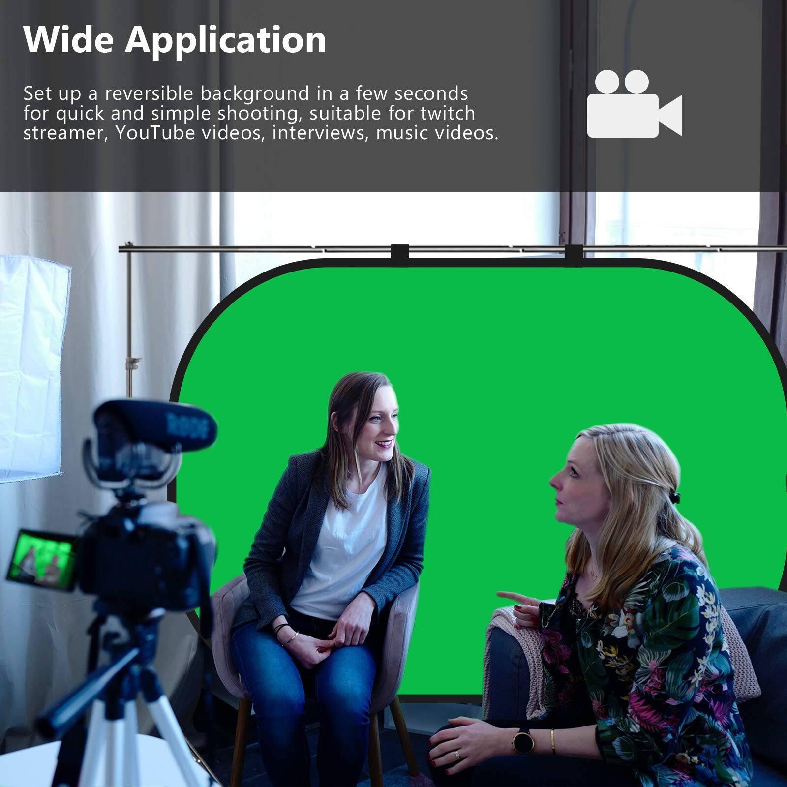 Wide Application

Set up a reversible background in a few seconds for quick and simple shooting, suitable for twitch streamer, YouTube videos, interviews, music videos.