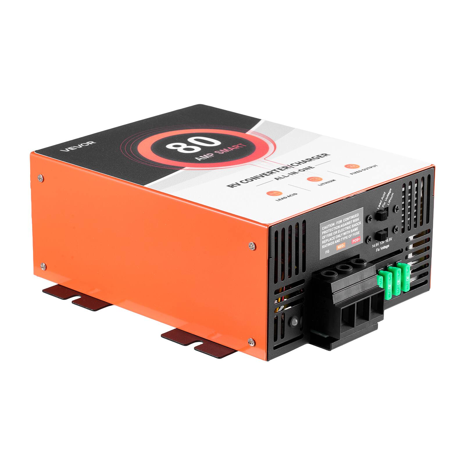 VEVOR  
80 AMP SMART RV CONVERTER/CHARGER ALL-IN-ONE  
ACID LEAD FIXED OUTPUT  
FOR CONTINUED SHOCK TRISK PROTECTION  
CAUTION: SAME FORE OR TYPE OF FUSE WITH OF ONLY TYPE 18.5V REPLACE RATINGS AND POSH 14.5V 13.9V NEG.  
Fat Voltage FG