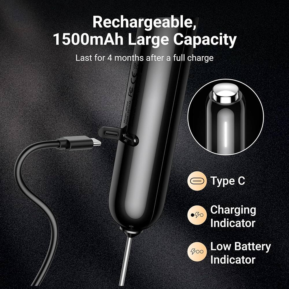 Rechargeable, 1500mAh Large Capacity  
Last for 4 months after a full charge  

Type C  
Charging Indicator  
Low Battery Indicator