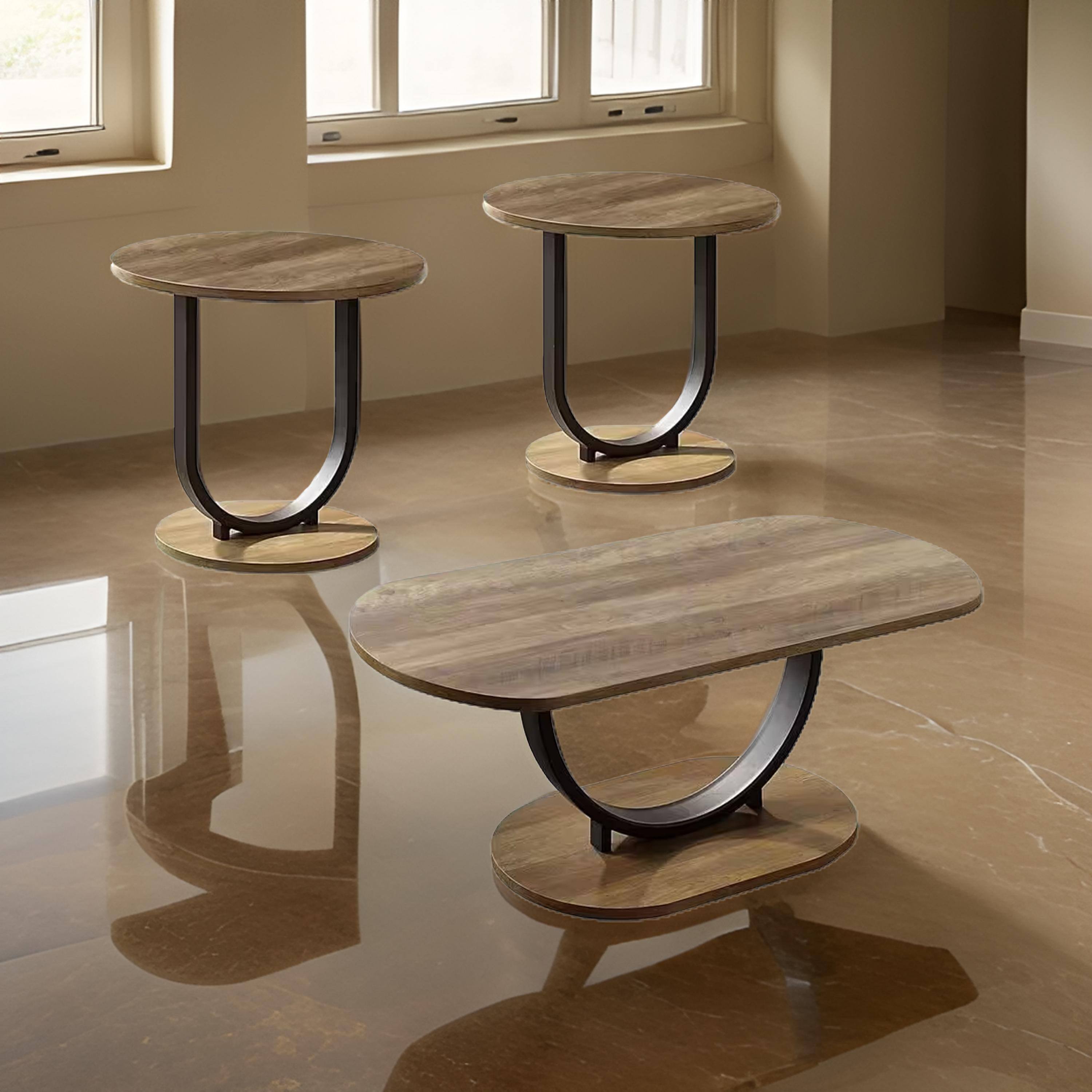 Alt View 5. Manhattan Lane - Obin 3 Piece Coffee and End Table Set, Brown MDF, Black U Shape Steel Base - Black, Brown.