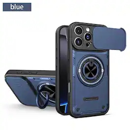 Dteck - Shockproof Case for Apple iPhone 16 Pro with Slide Lens Protector, 360° Rotatable Ring Kickstand Rugged Protective Cover - Darkblue