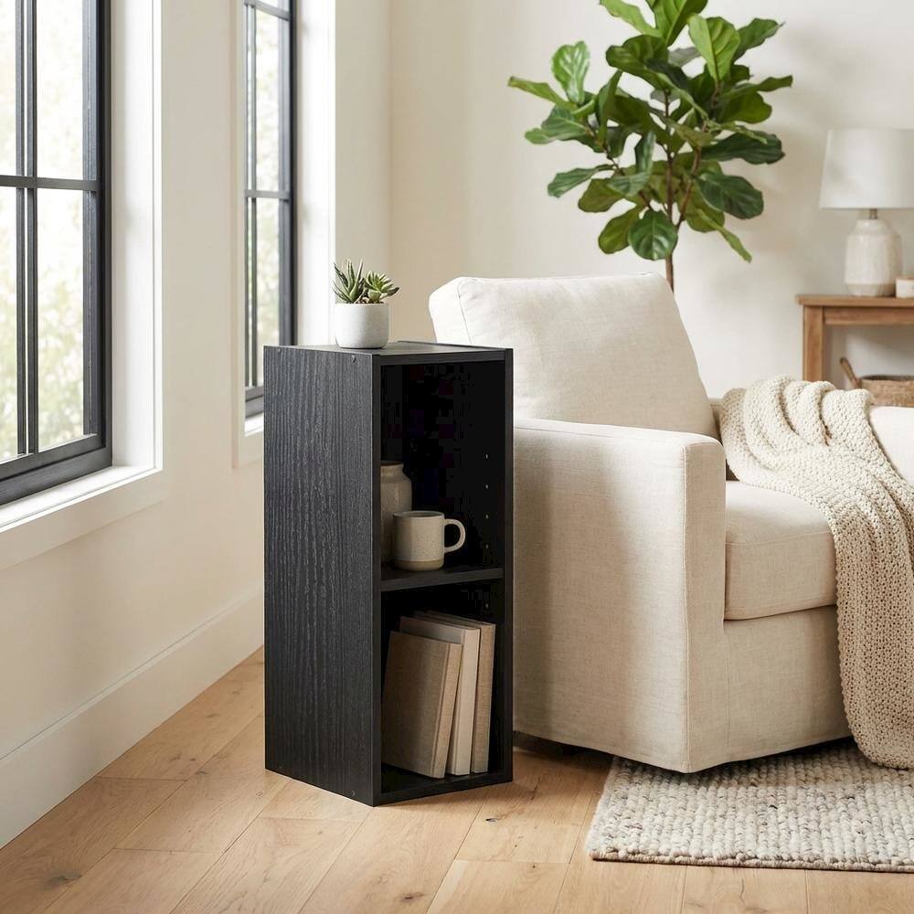 Left. FurniFact - Black Wooden Bookcase with Compact Design and Sturdy Construction - Blackwood.