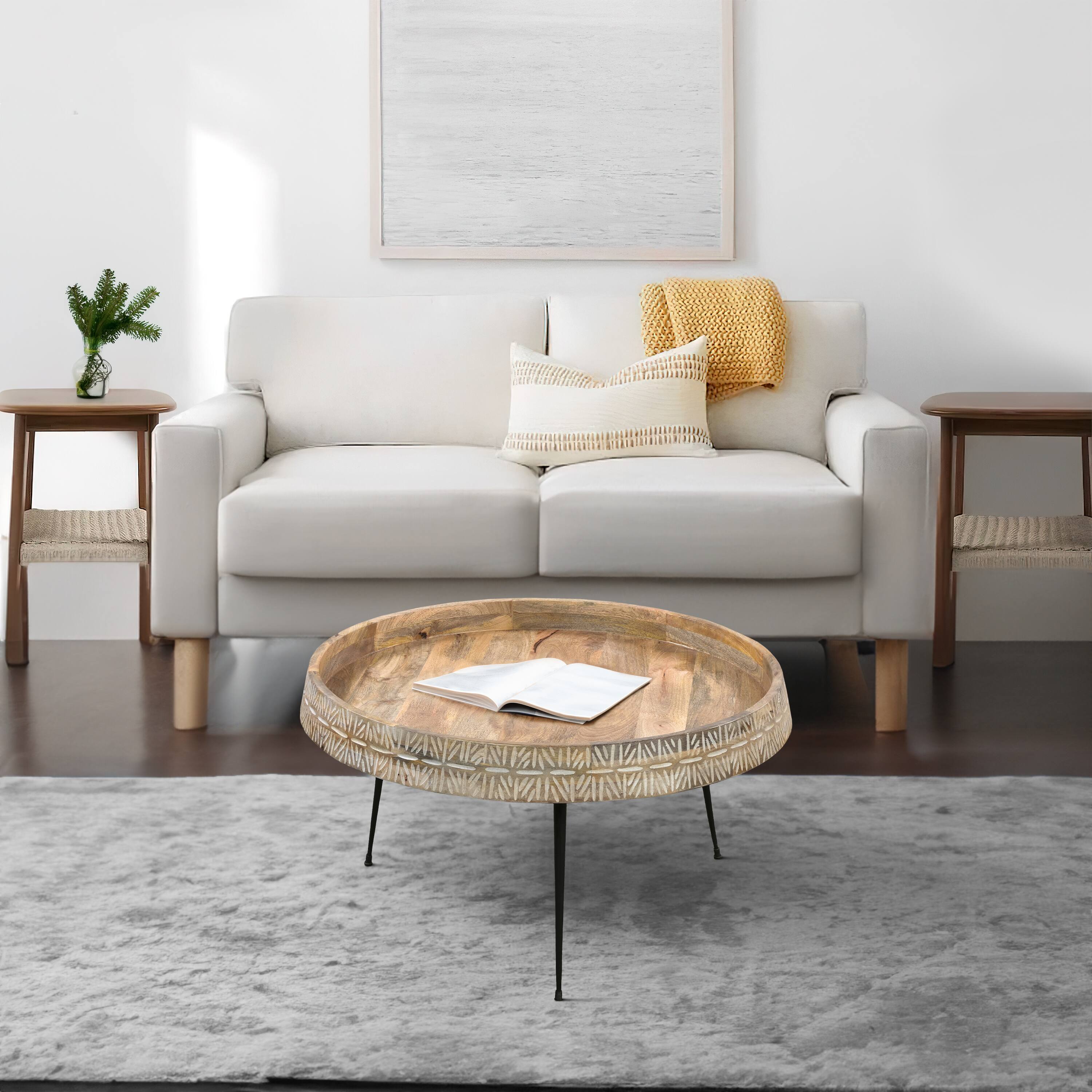 Alt View 9. Manhattan Lane - Gia 29 Inch Modern Handcrafted Round Coffee Table, Natural Brown Wood Top with Carved Edge, Black Iron Legs - Brown, Black, White.